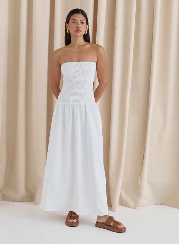 White Shirred Bandeau Maxi Dress- Davina