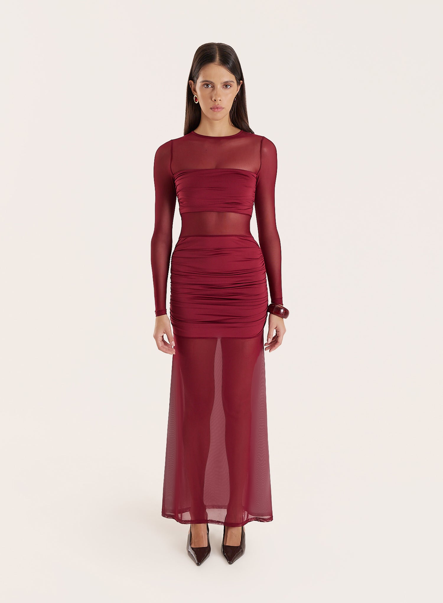 Burgundy Jersey And Mesh Mix Long Sleeved Maxi Dress