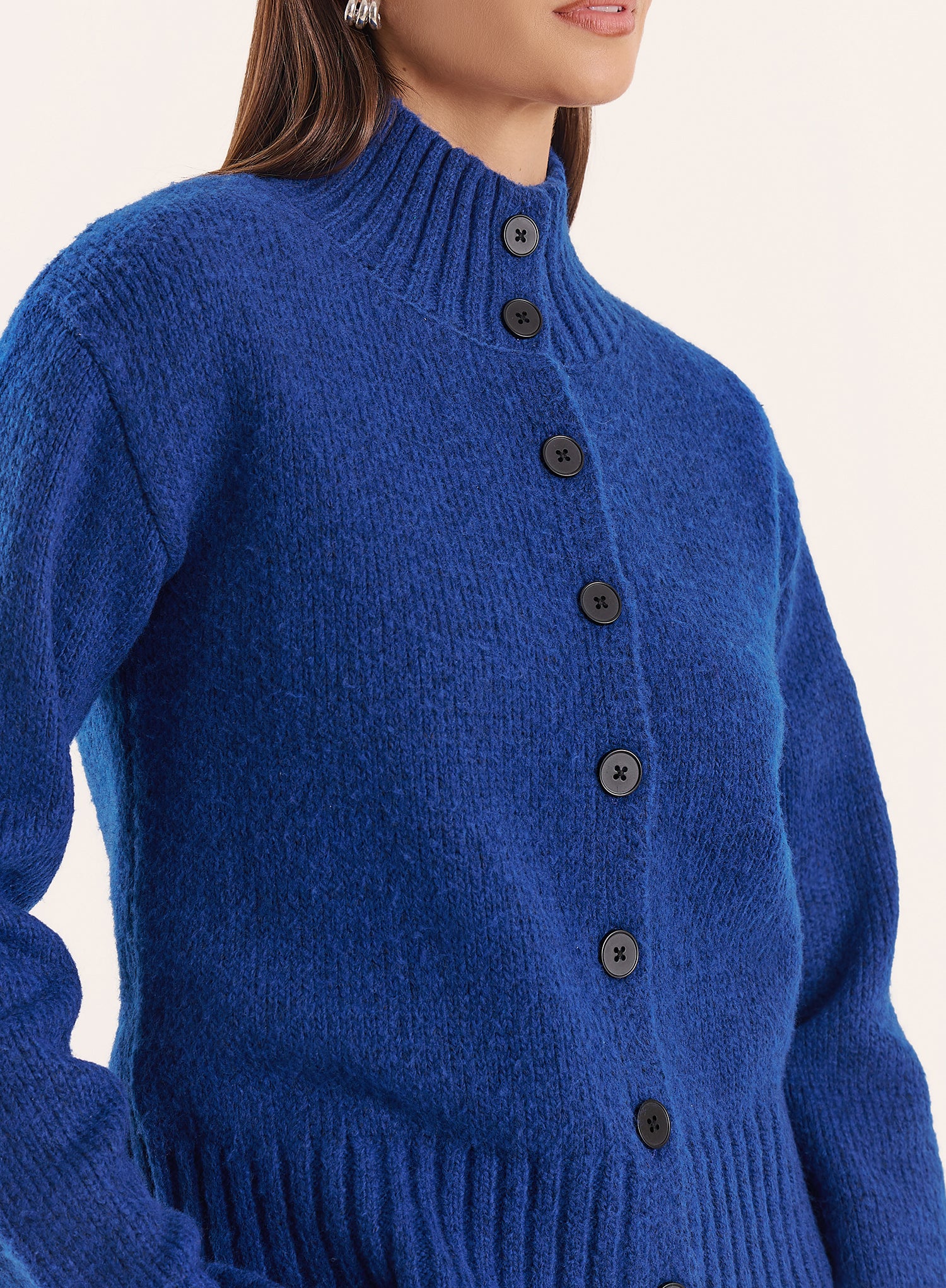 Blue Knitted Ribbed Button Down Cardigan