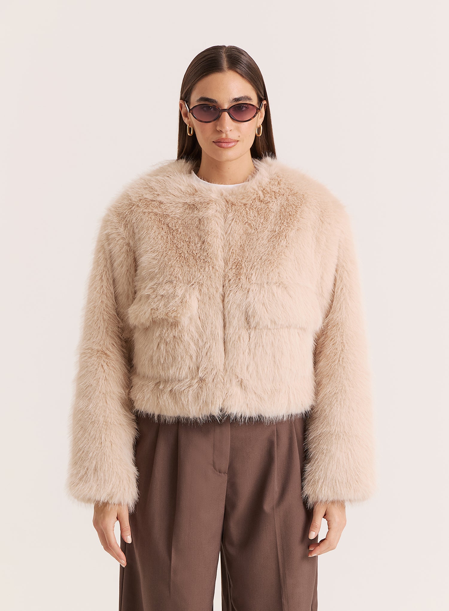 Women's Beige Faux Fur Cropped Jacket Reysha 4th Reckless
