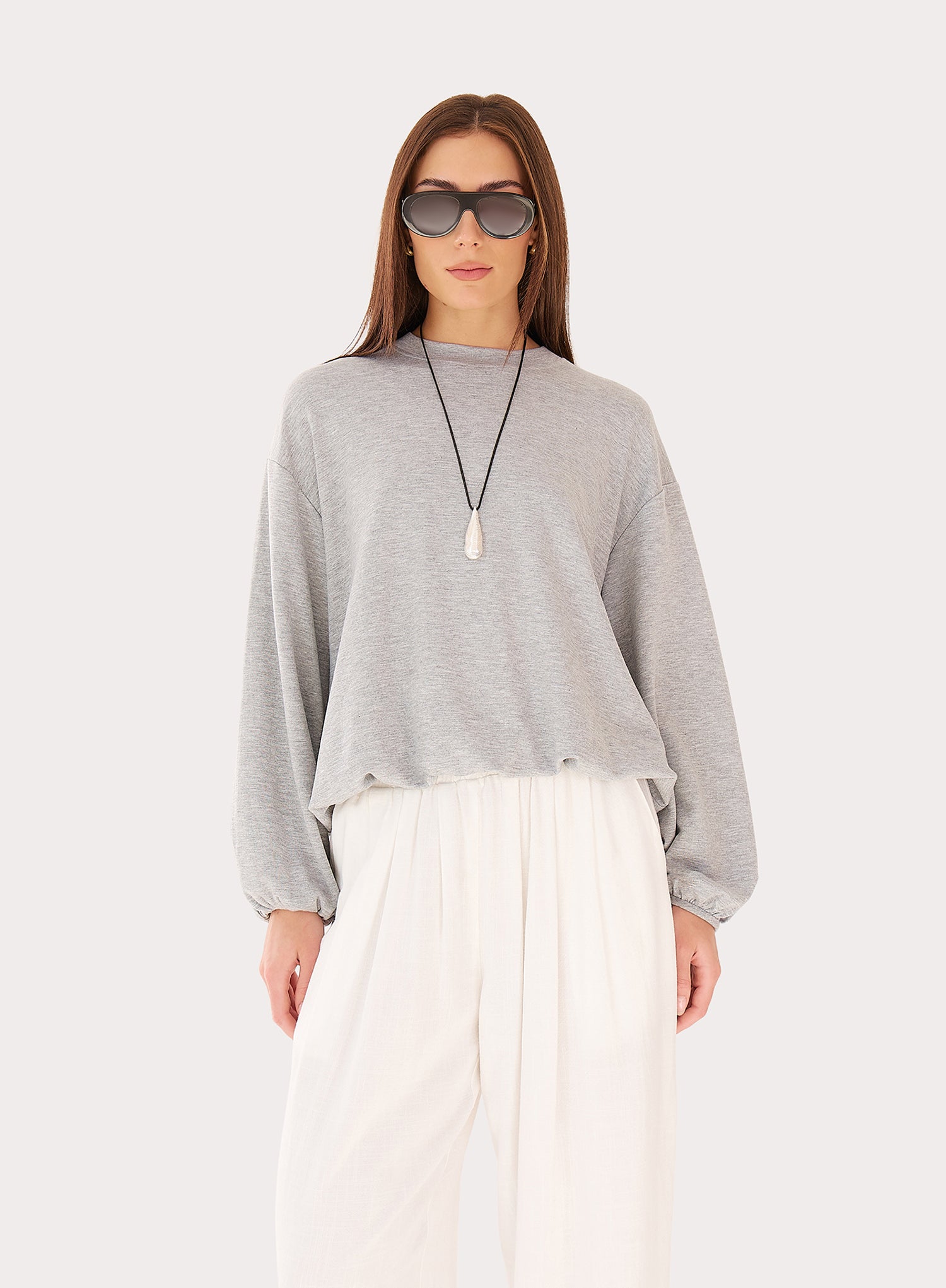 Grey Balloon Sleeve Bubble Hem Sweatshirt