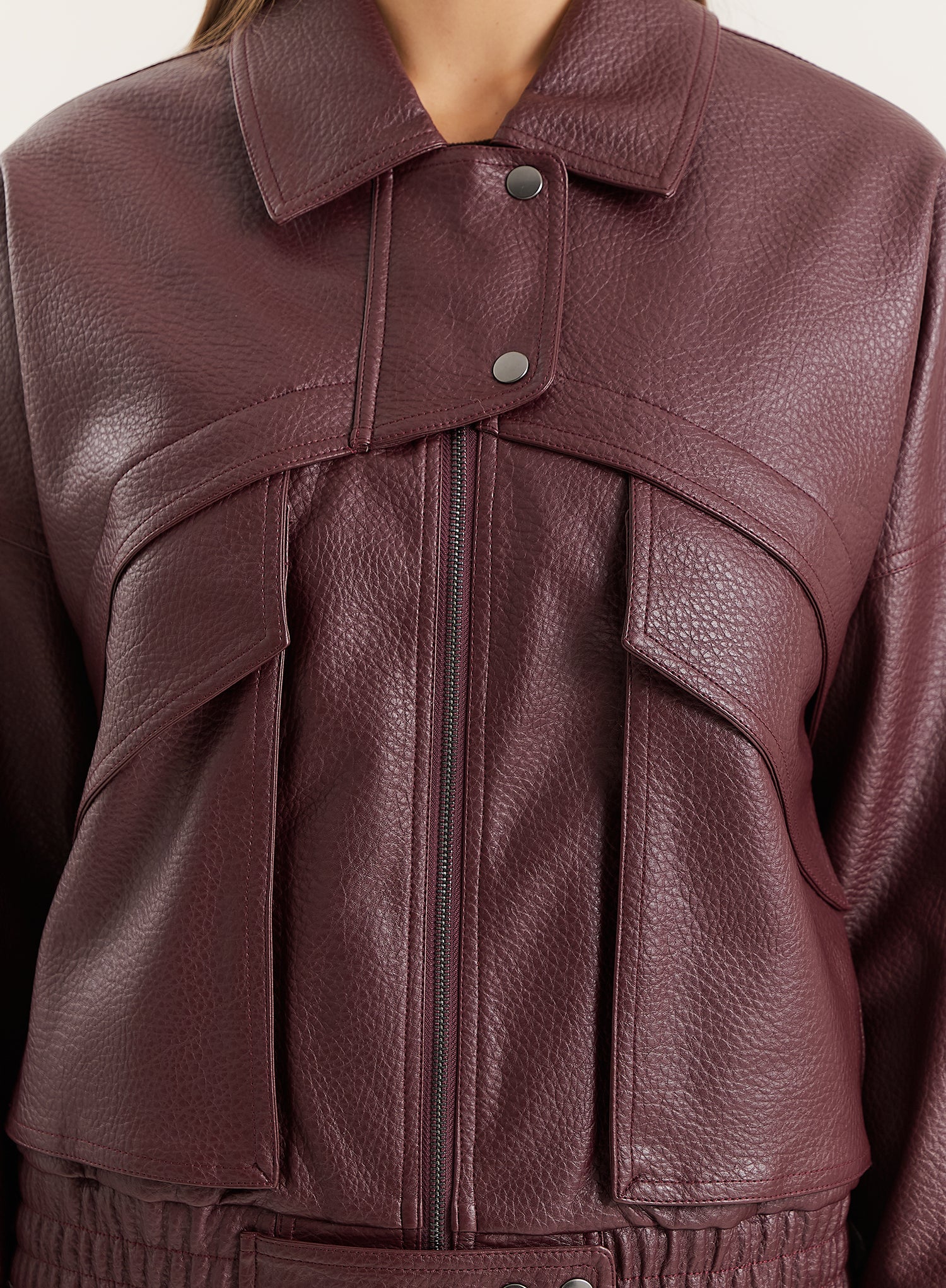 Burgundy Textured Faux Leather Cropped Jacket