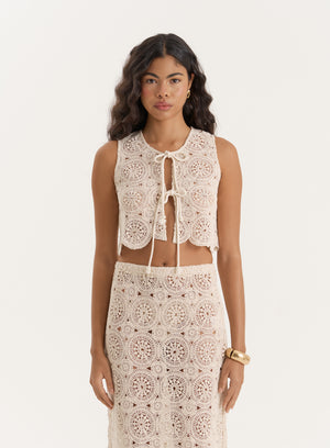 Beige Crochet Tie Front Sleeveless Top- Laurenne