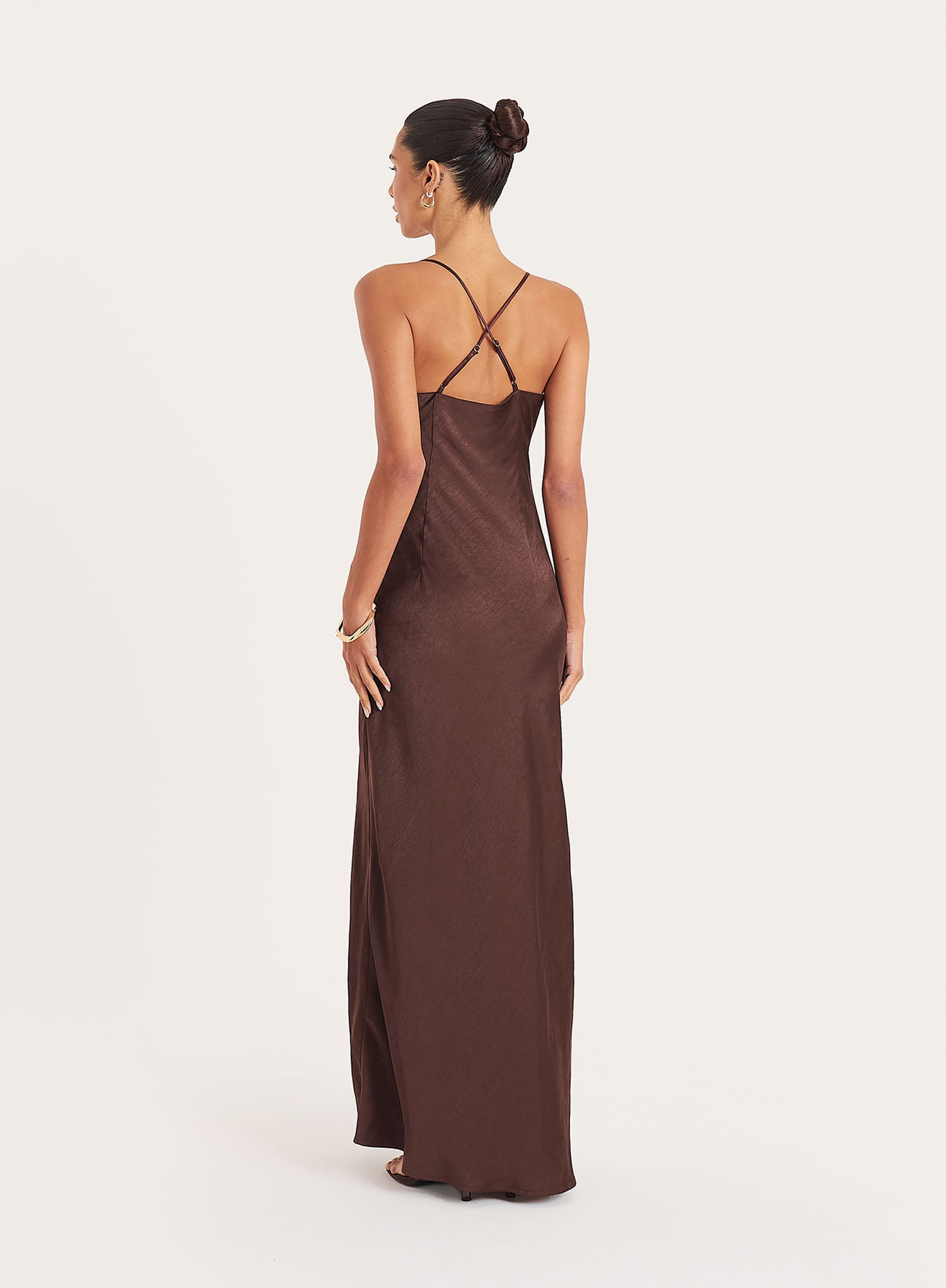 Chocolate Cowl Neck Satin And Chiffon Maxi Dress