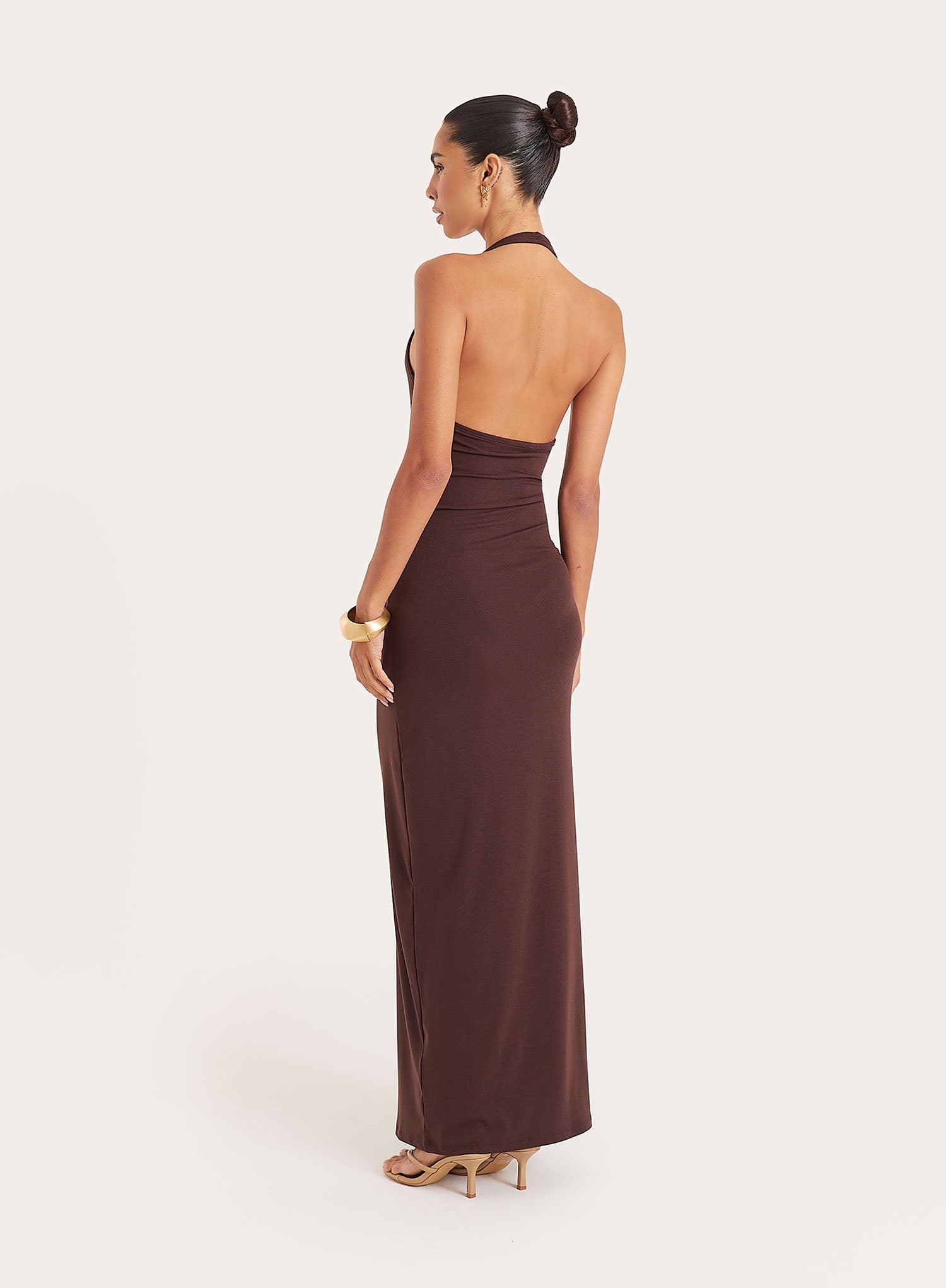 Chocolate Halterneck Belt Detail Maxi Dress