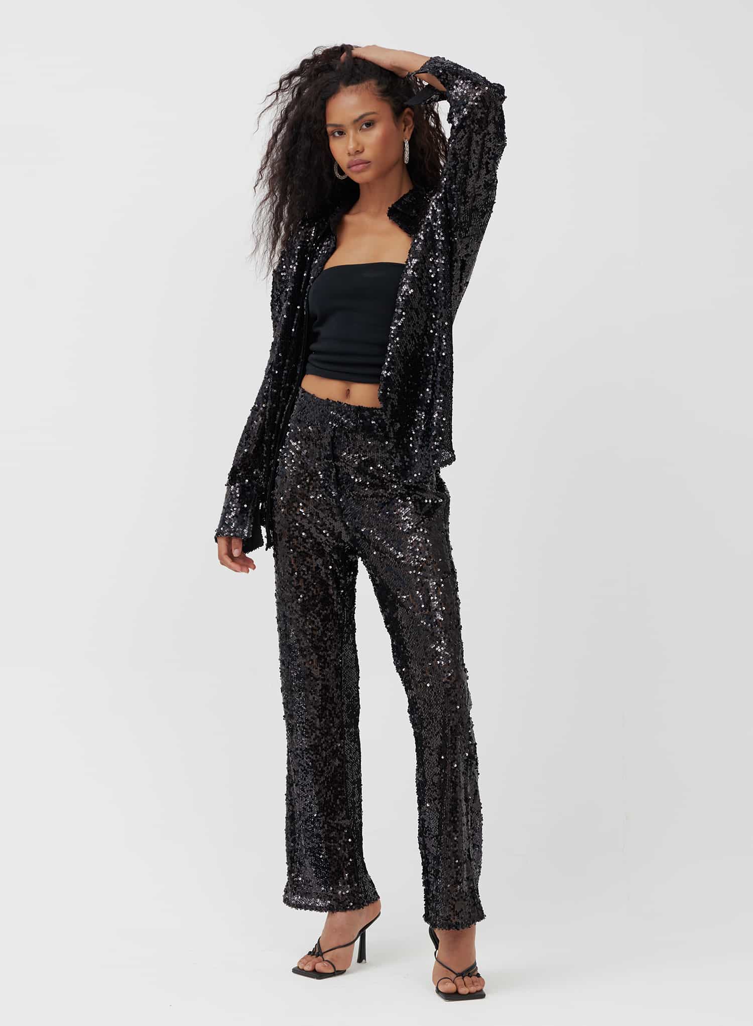 Black Sequin Straight Leg Trousers - Zoey