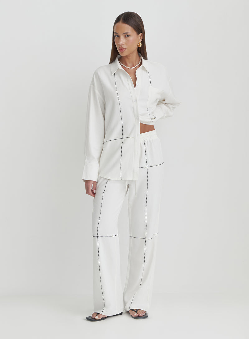 Off White Contrast Stitch Linen Trouser- Genevive