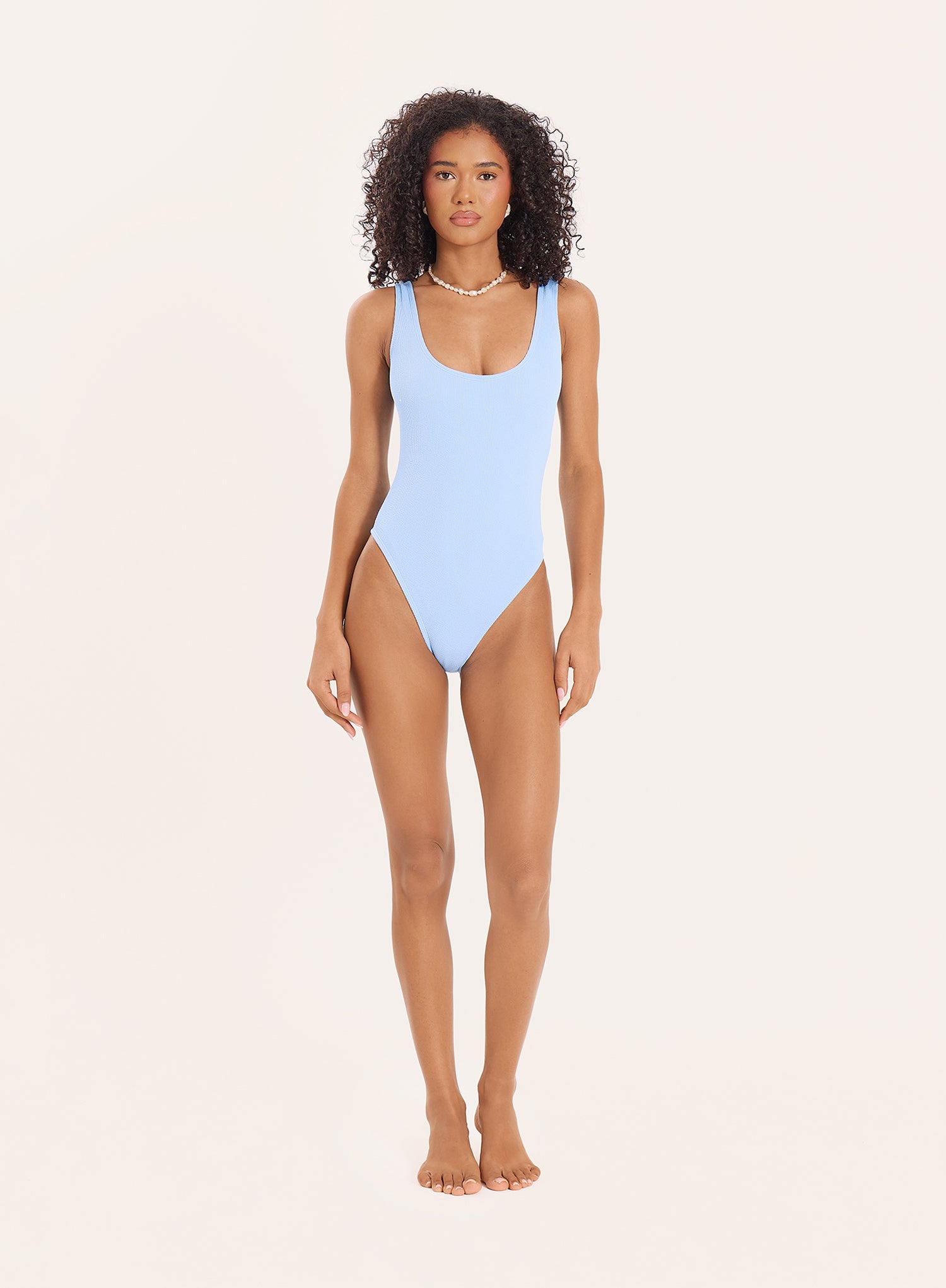 Light Blue Crinkle Square Neck High Leg Swimsuit