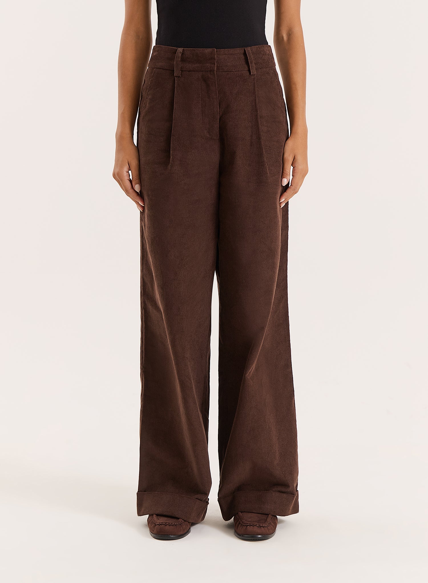 Chocolate Belted Turn Up Cord Wide Leg Trousers - Hughes