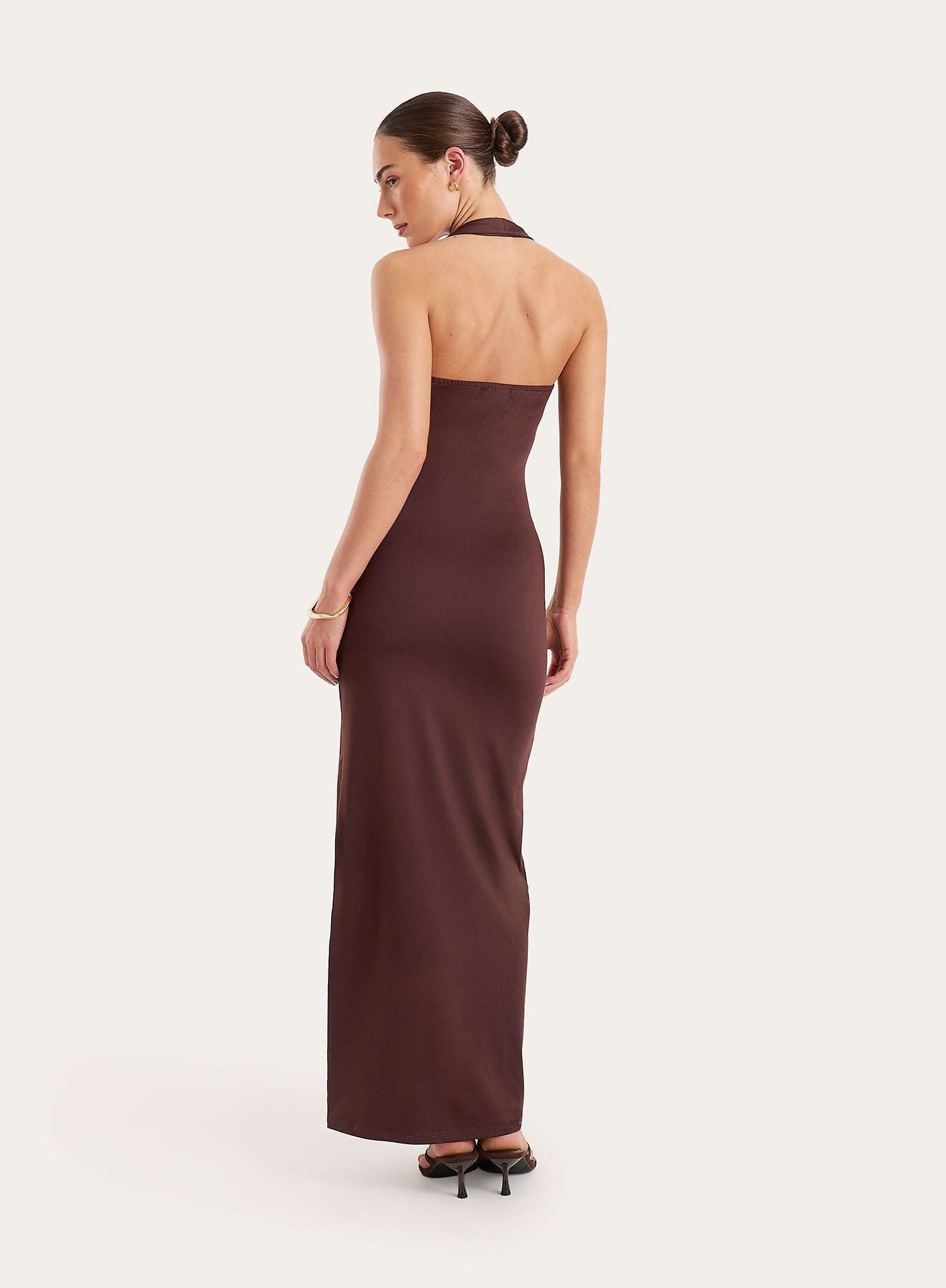 Chocolate Halterneck Jersey Hardware Belt Detail Maxi Dress
