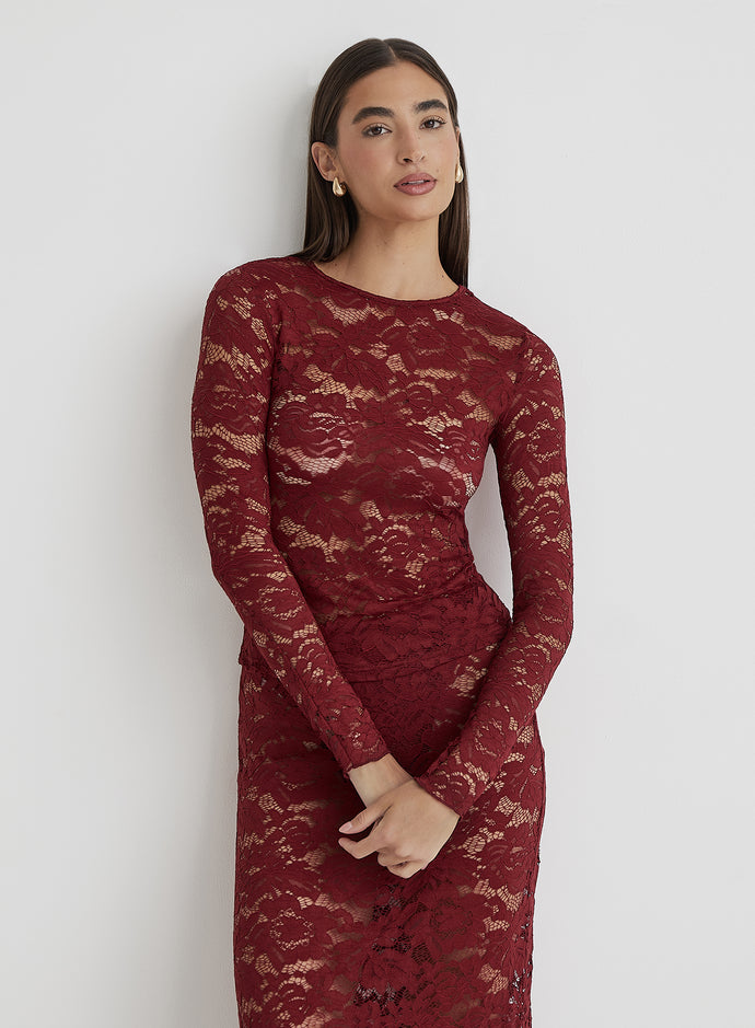 Burgundy Lace Long Sleeve Top- Emery