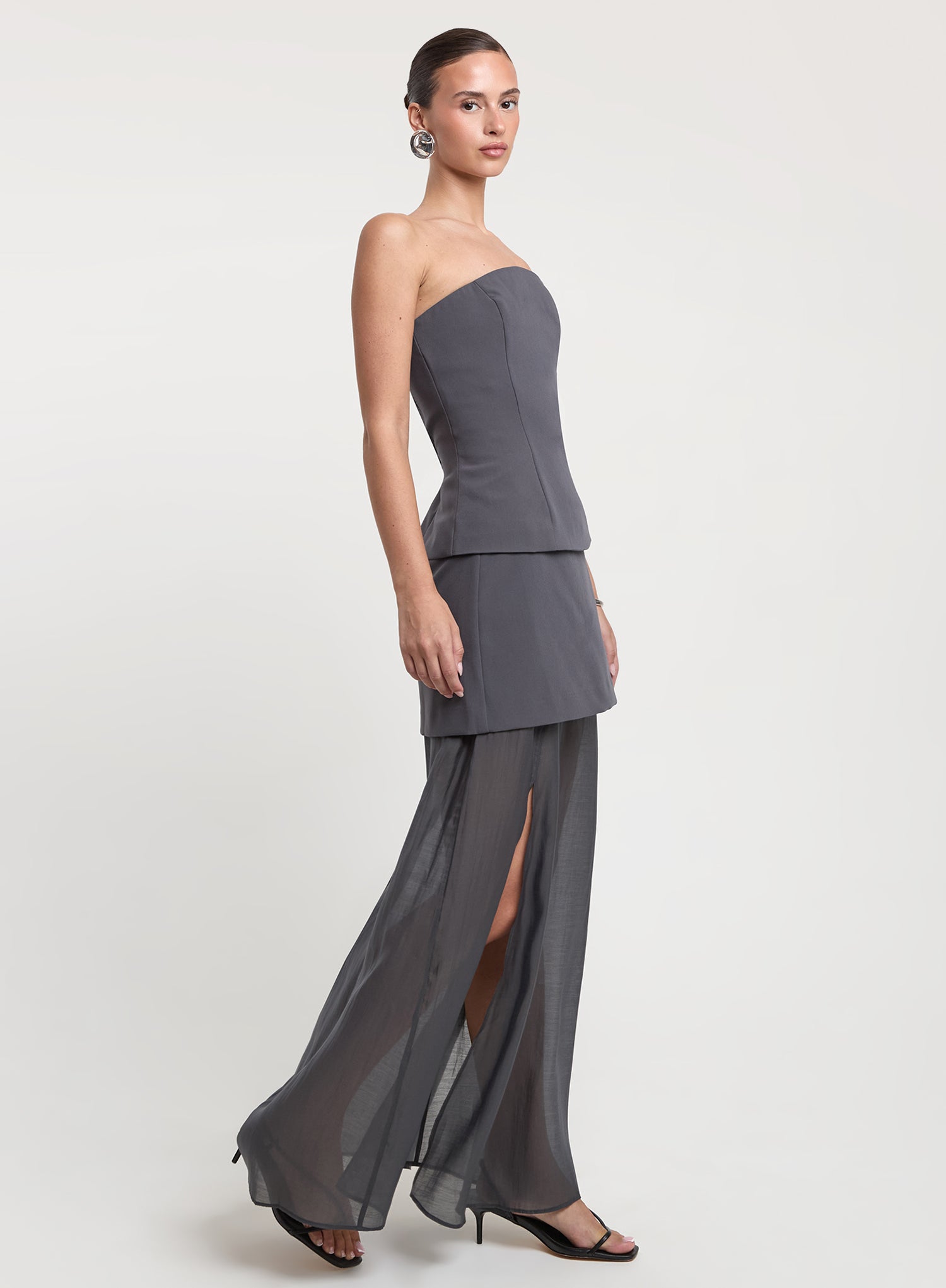 Grey Mesh Double Layer Maxi Skirt