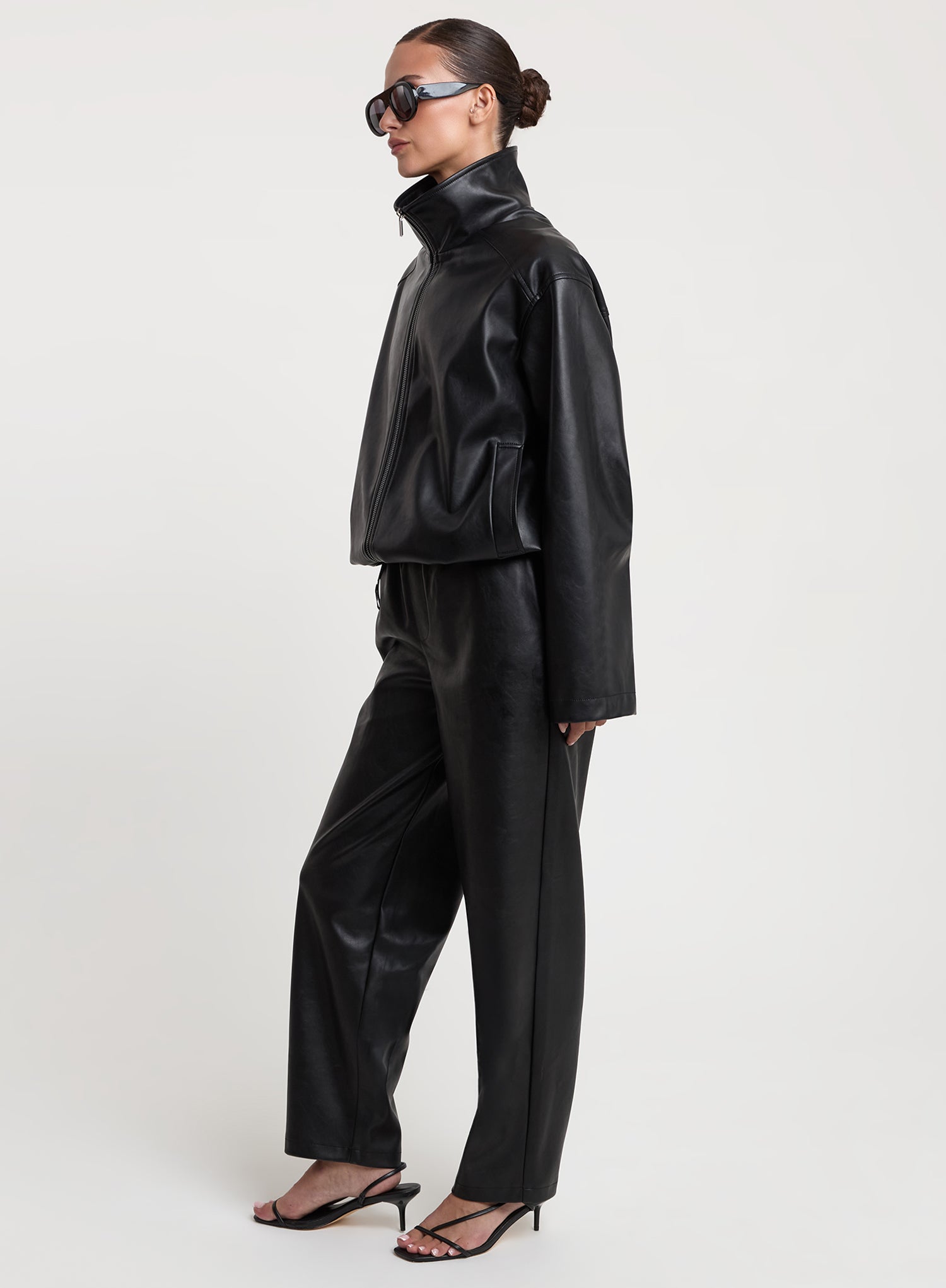 Black Faux Leather Barrel Leg Trousers