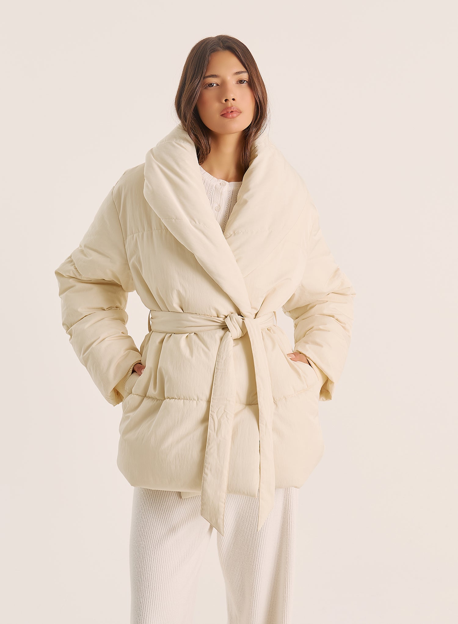 Cream Wrap Waist Belted Puffer Coat
