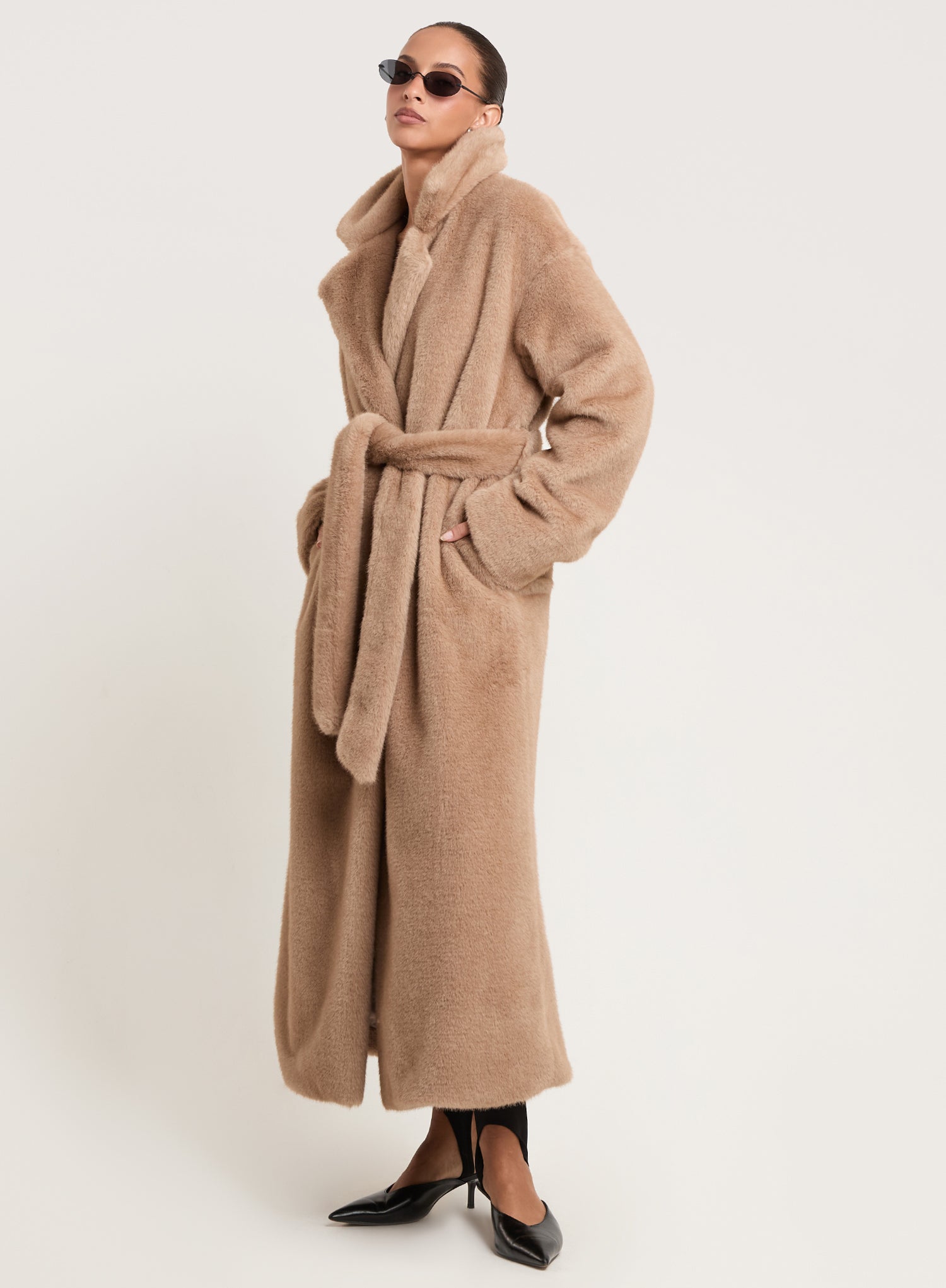 Beige Belted Maxi Faux Fur Coat