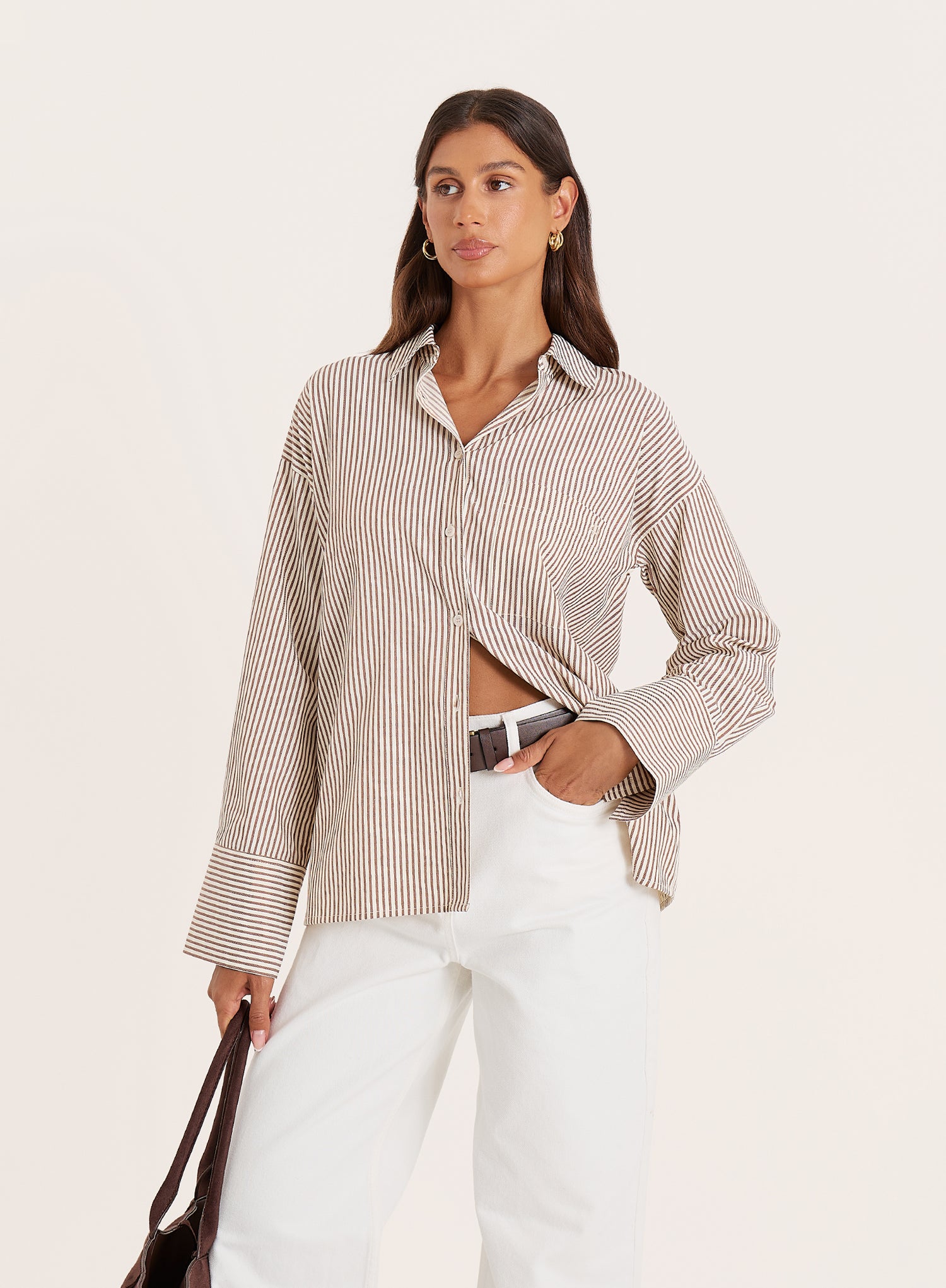 White And Beige Stripe Cotton Tie Back Detail Shirt