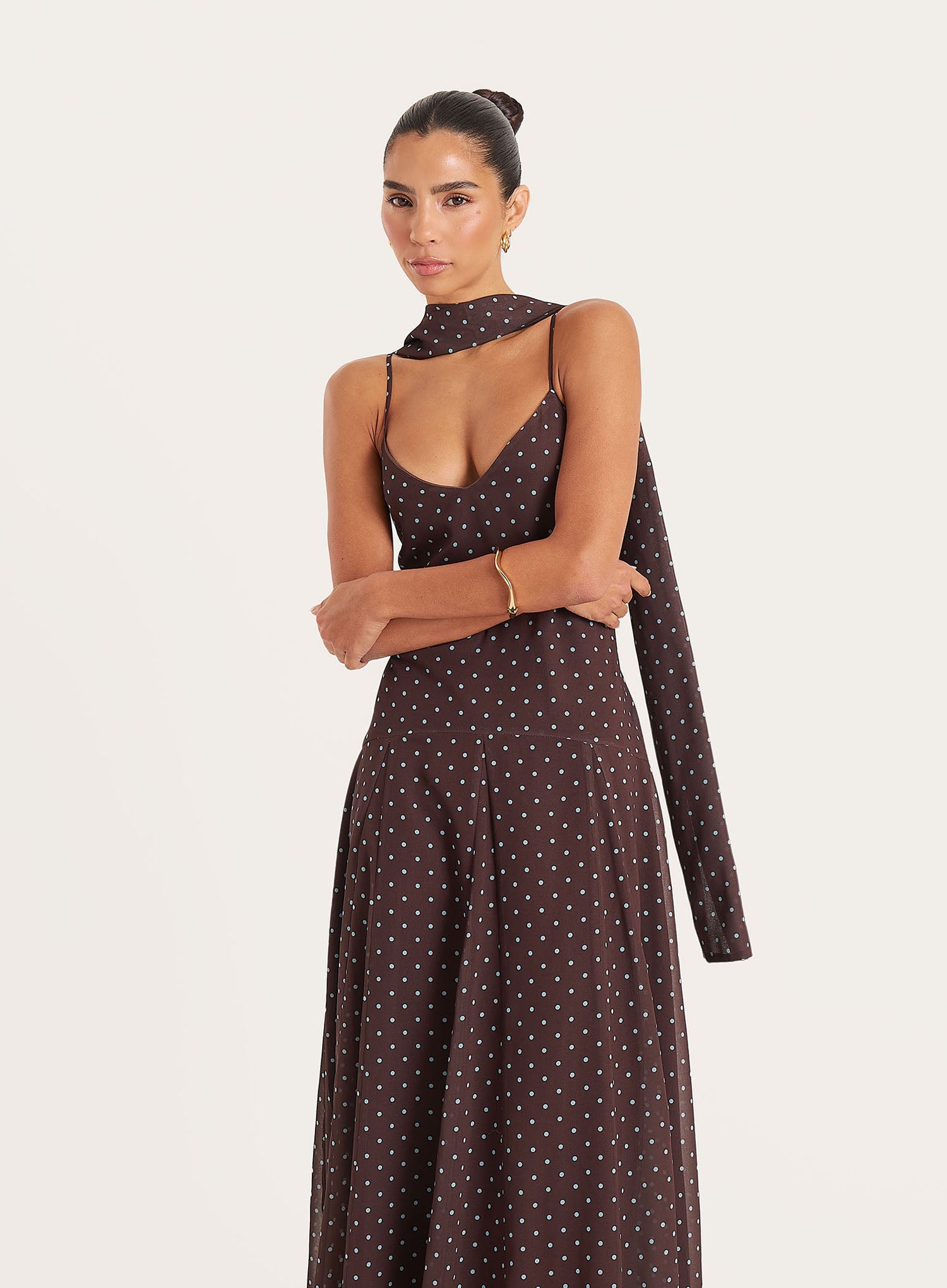 Brown Polka Dot Chiffon Scarf Detail Maxi Dress