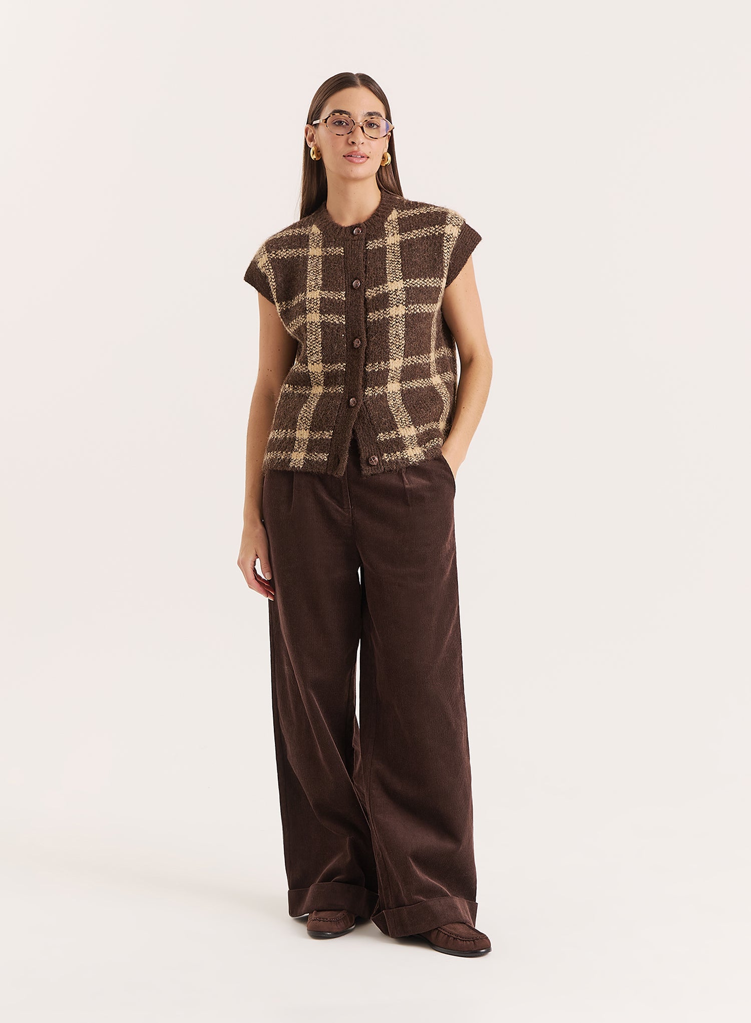 Brown Check Knitted Button Sweater Vest