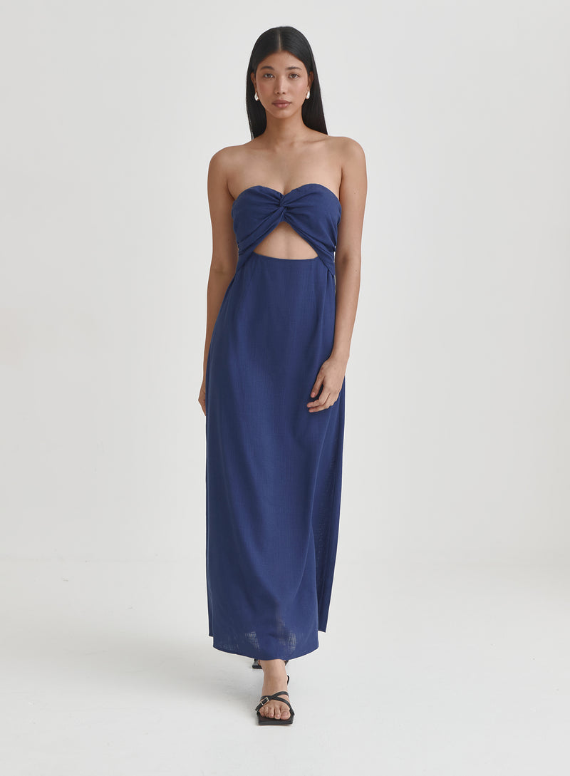 Blue Linen Maxi Cut Out Bandeau Dress- Lainey