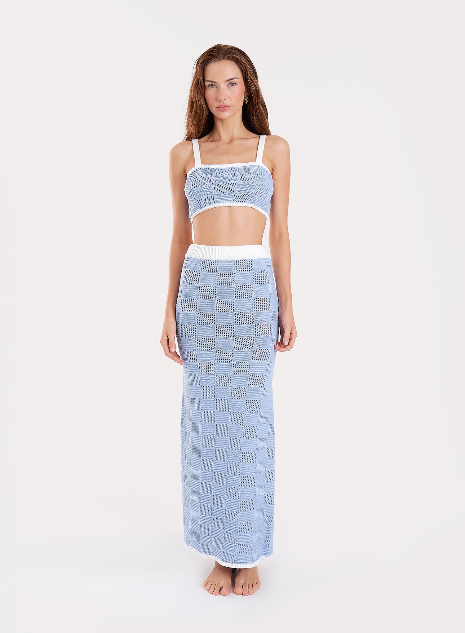 Blue Check Crochet Maxi Skirt