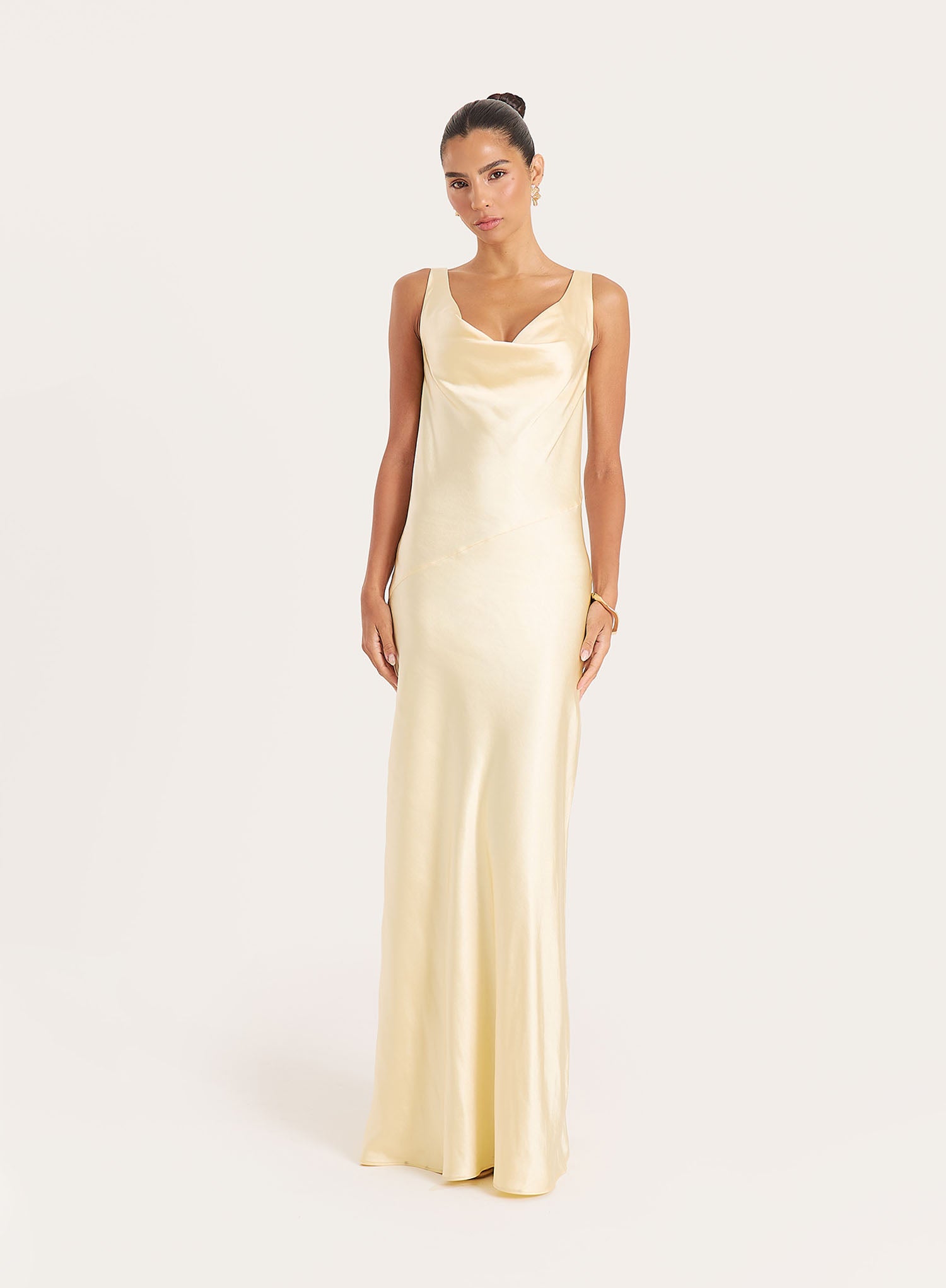 Yellow Satin Backless Lace Trim Maxi Dress