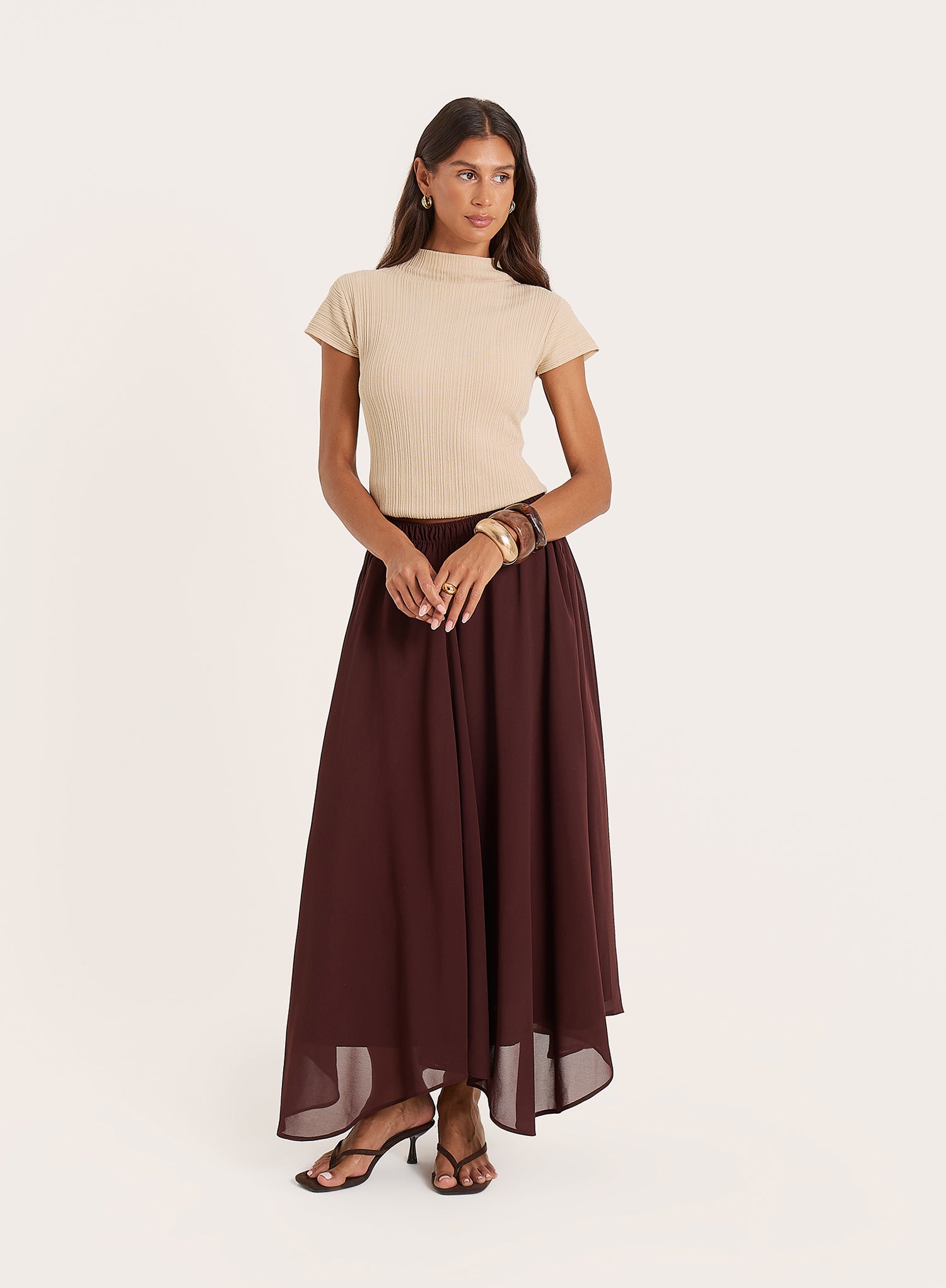 Chocolate Chiffon Asymmetric Hem Maxi Skirt