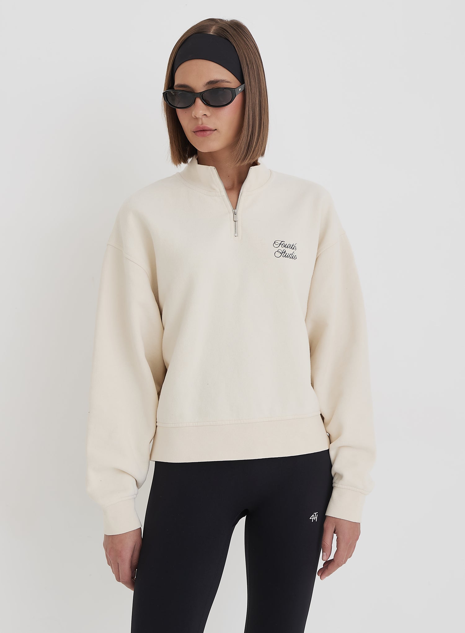 Cream Fourth Branded Half Zip Cropped Sweatshirt- Jacques