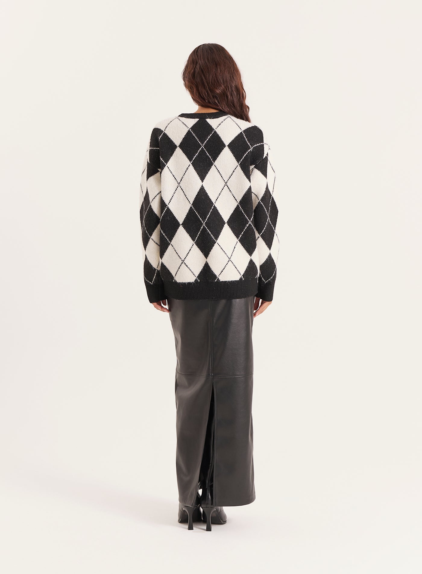 Black And Cream Knitted Argyle Crew Neck Jumper