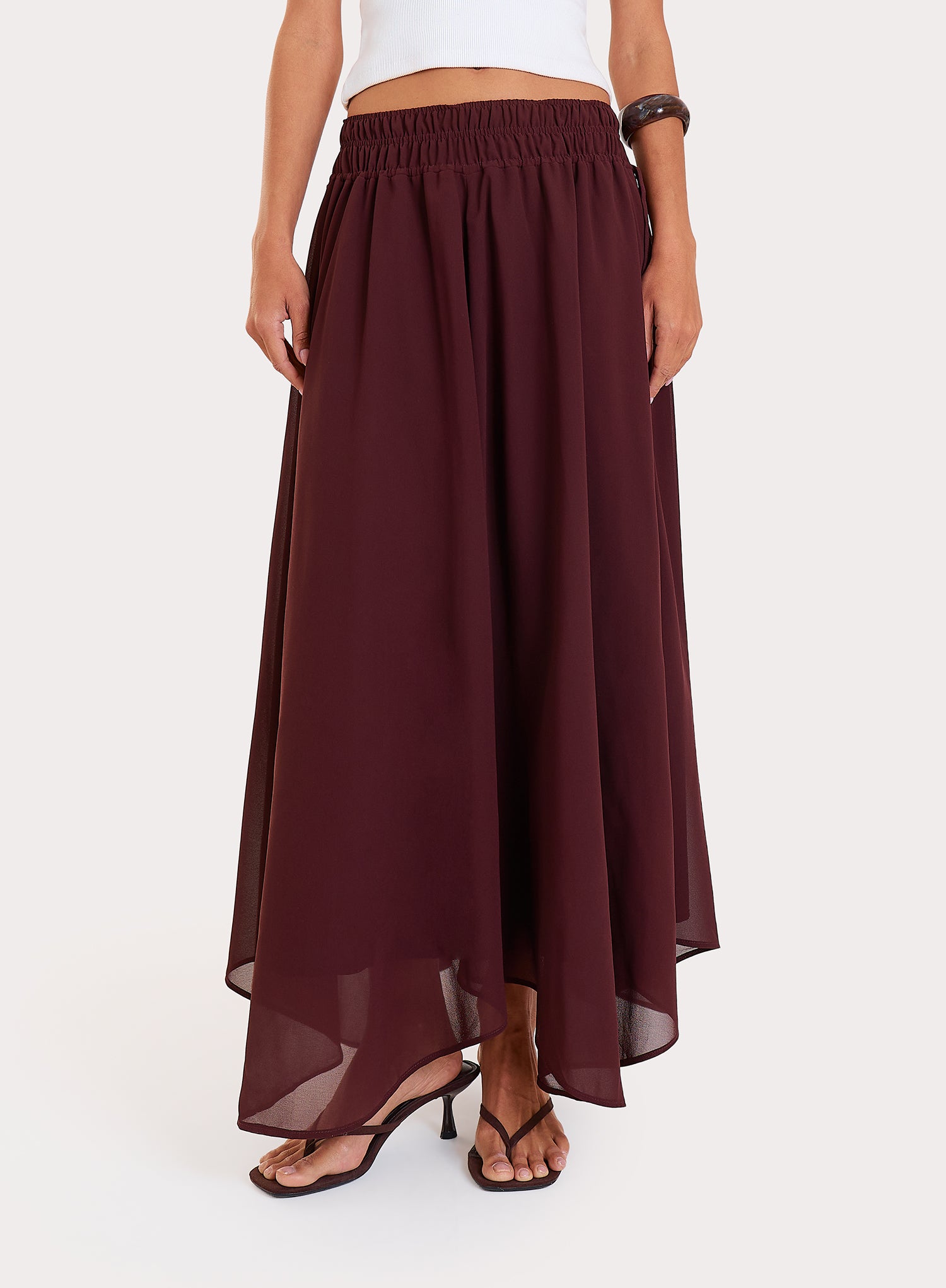 Chocolate Chiffon Asymmetric Hem Maxi Skirt