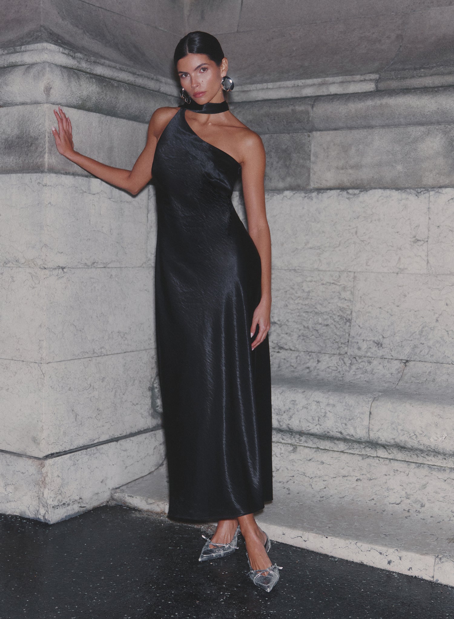 Black Satin One Shoulder Scarf Neck Maxi Dress