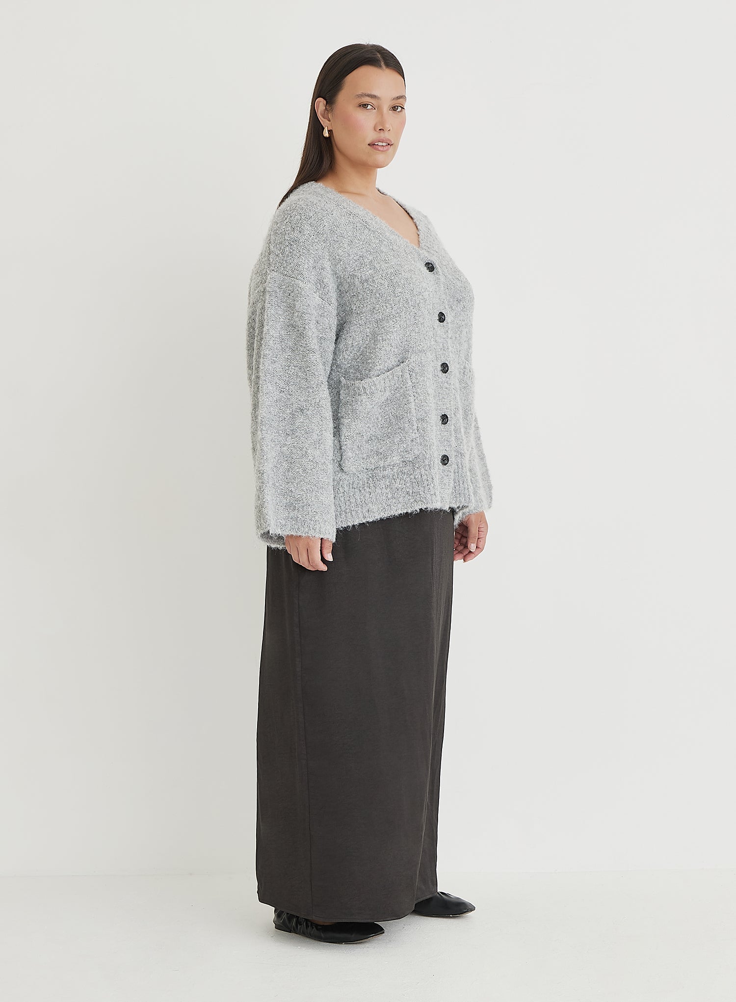 Grey Plus Size Brushed Knit Cardigan- Lidia