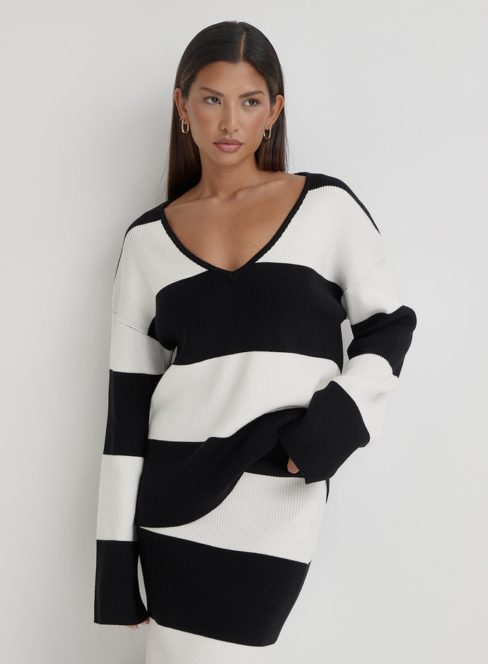 Black And Cream Stripe Knitted Jumper- Jacqueline