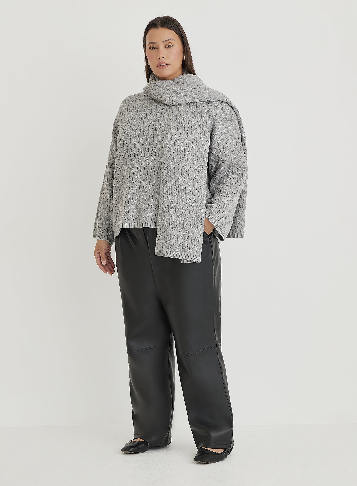 Grey Plus Size Cable Knit Jumper With Scarf- Gabriel