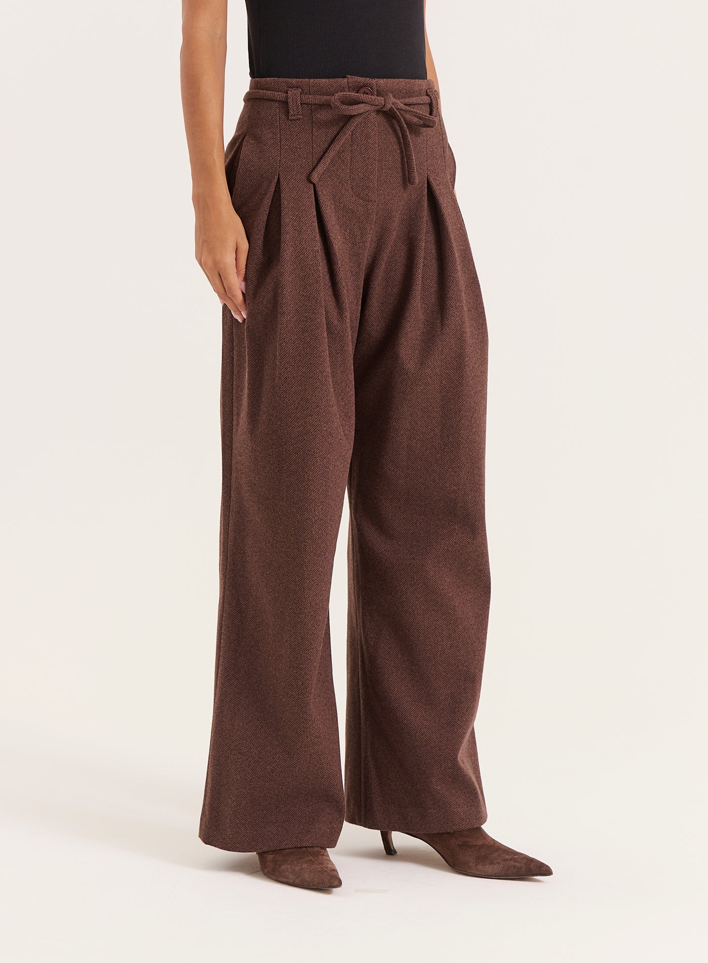 Chocolate Herringbone Tie Belt Wide Leg Trousers