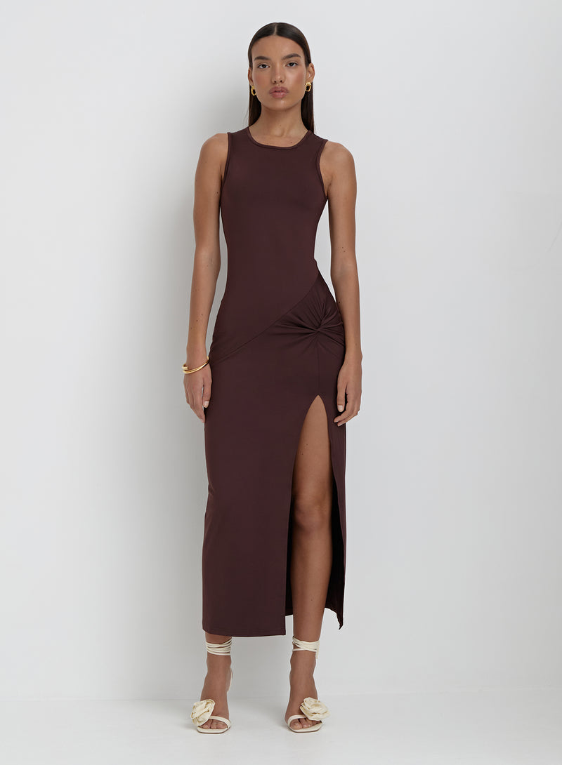 Brown Slinky Side Split Maxi Dress- Lorena