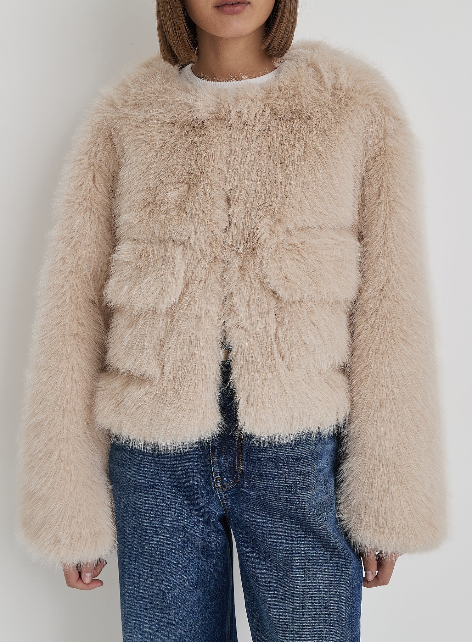 Beige Faux Fur Cropped Jacket- Reysha