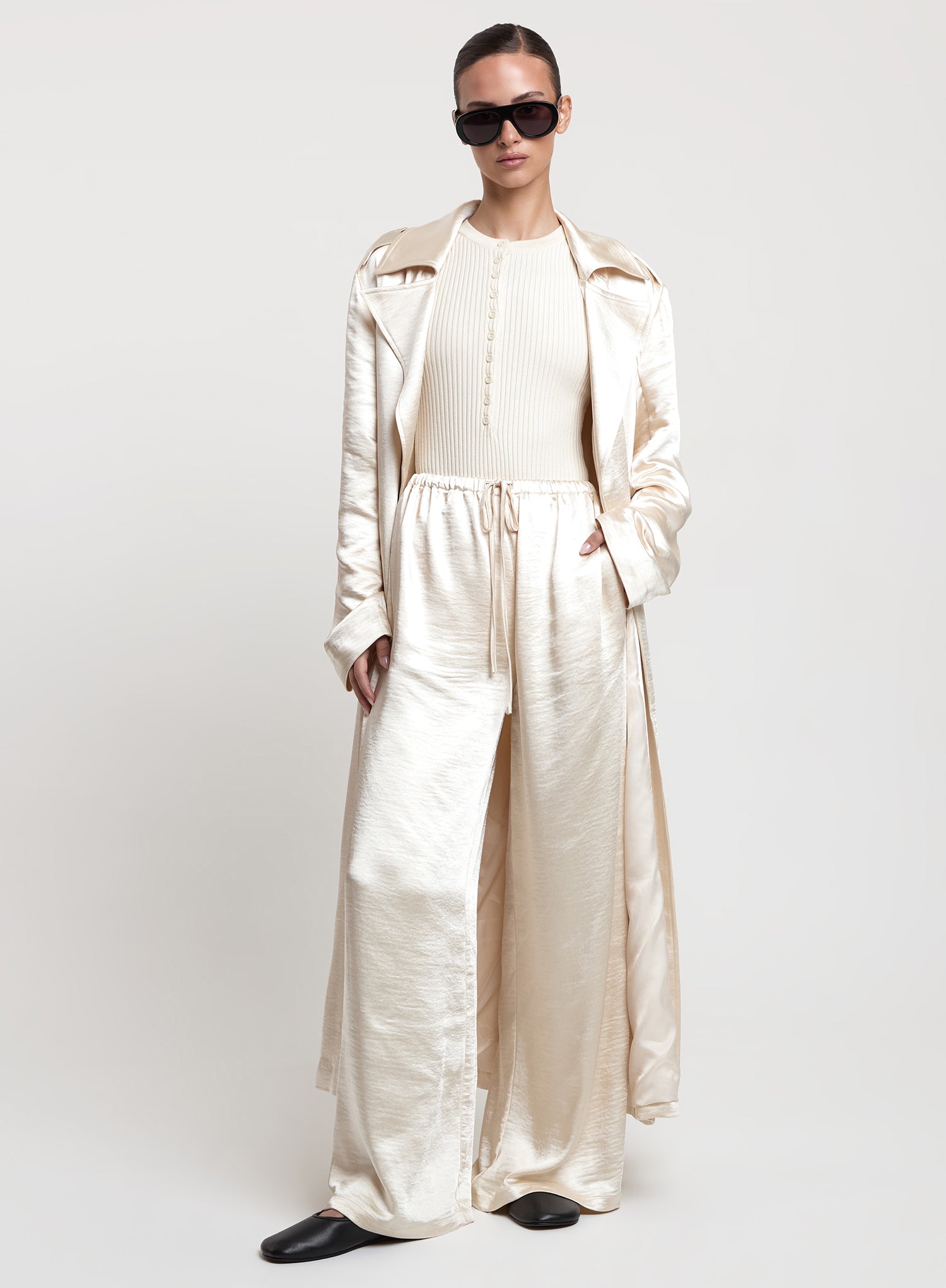 Cream Satin Elasticated Waist Wide Leg Trouser