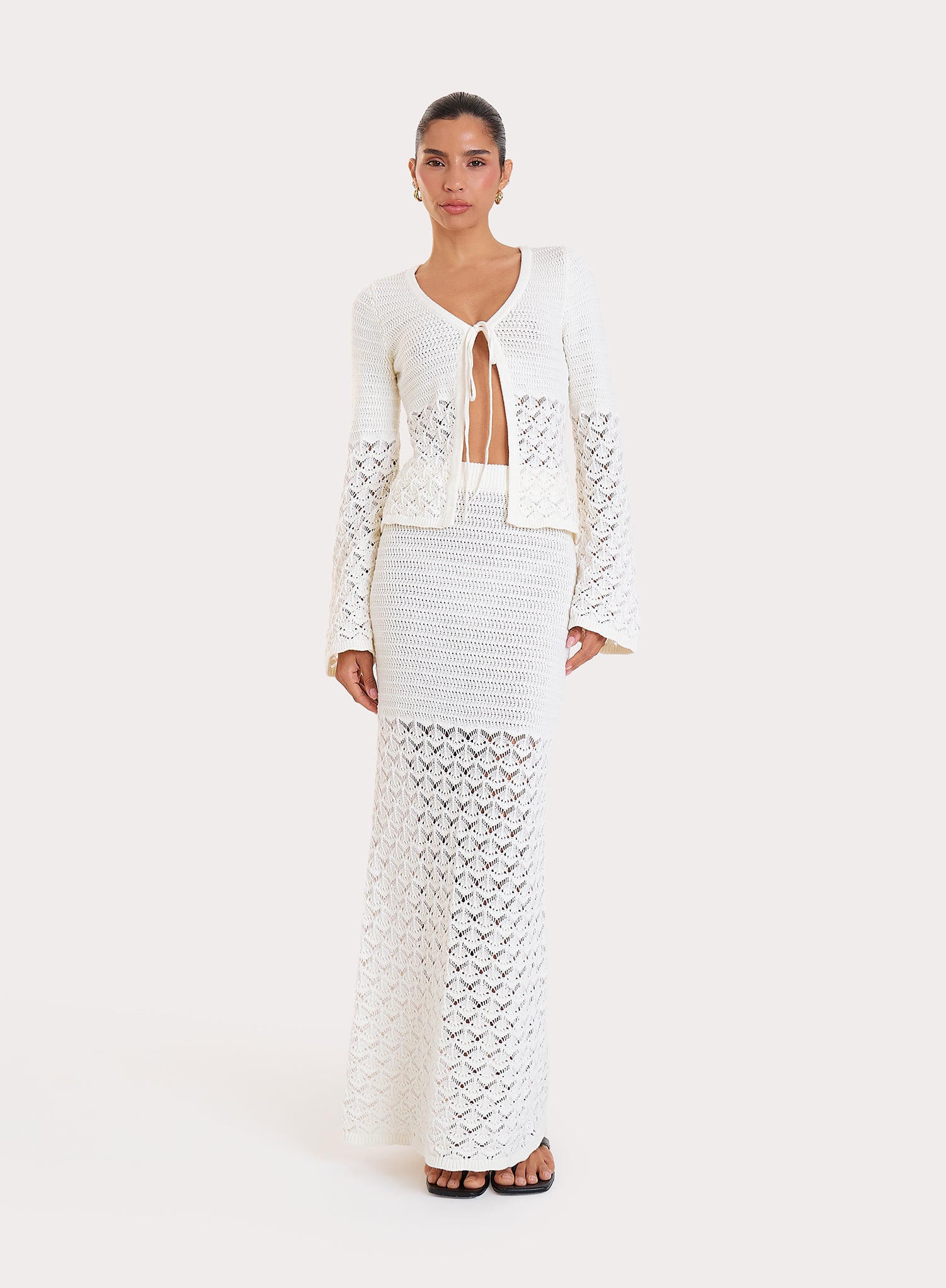 Cream Crochet Tie Front Longsleeve Top