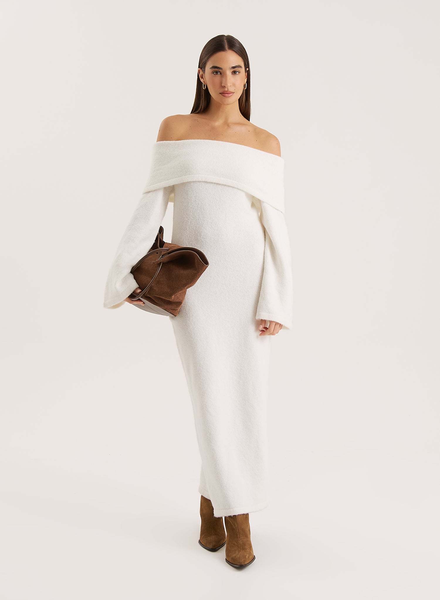 Cream Off Shoulder Wool Blend Knitted Maxi Dress