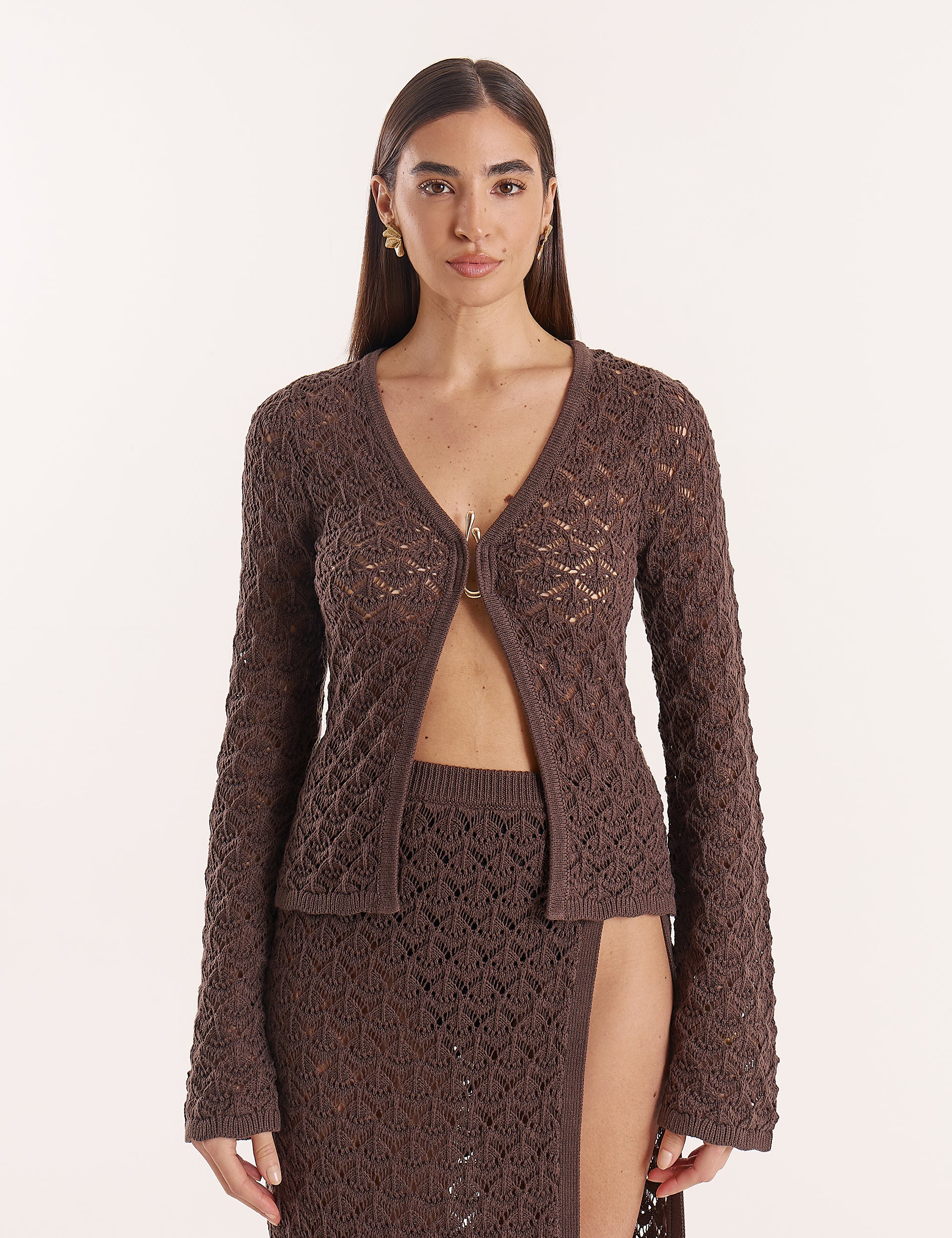 Chocolate Brown Crochet Long Sleeve Top
