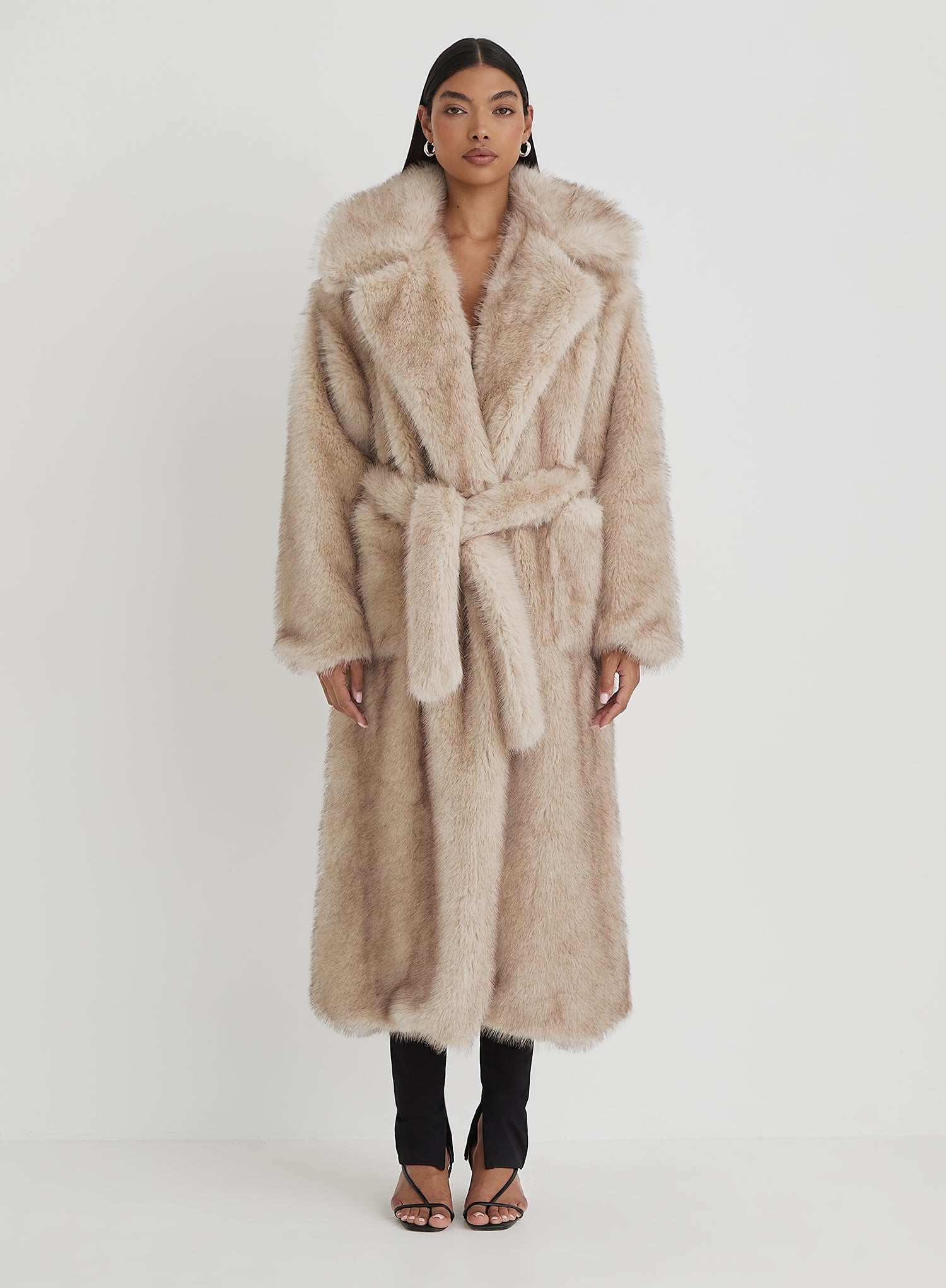 Beige Faux Fur Oversized Tie Waist Maxi Coat- Schiffer