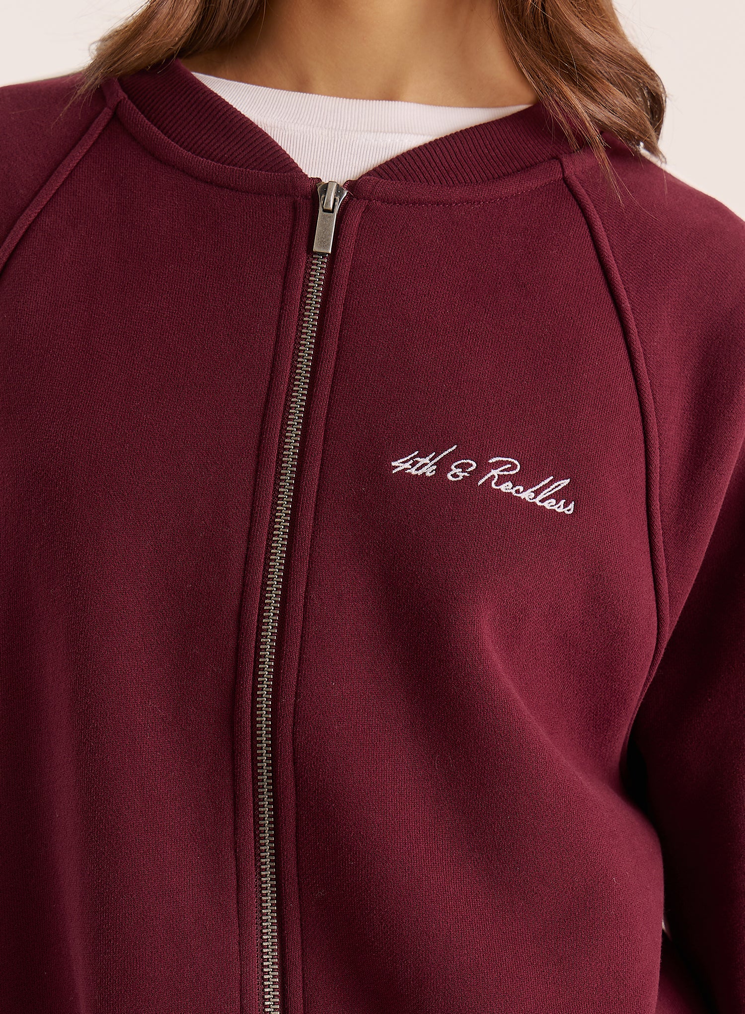 Burgundy Contrast Stripe Zip Bomber Jacket