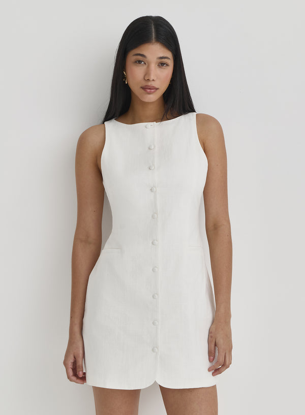 White Linen Button Mini Dress- Delaney