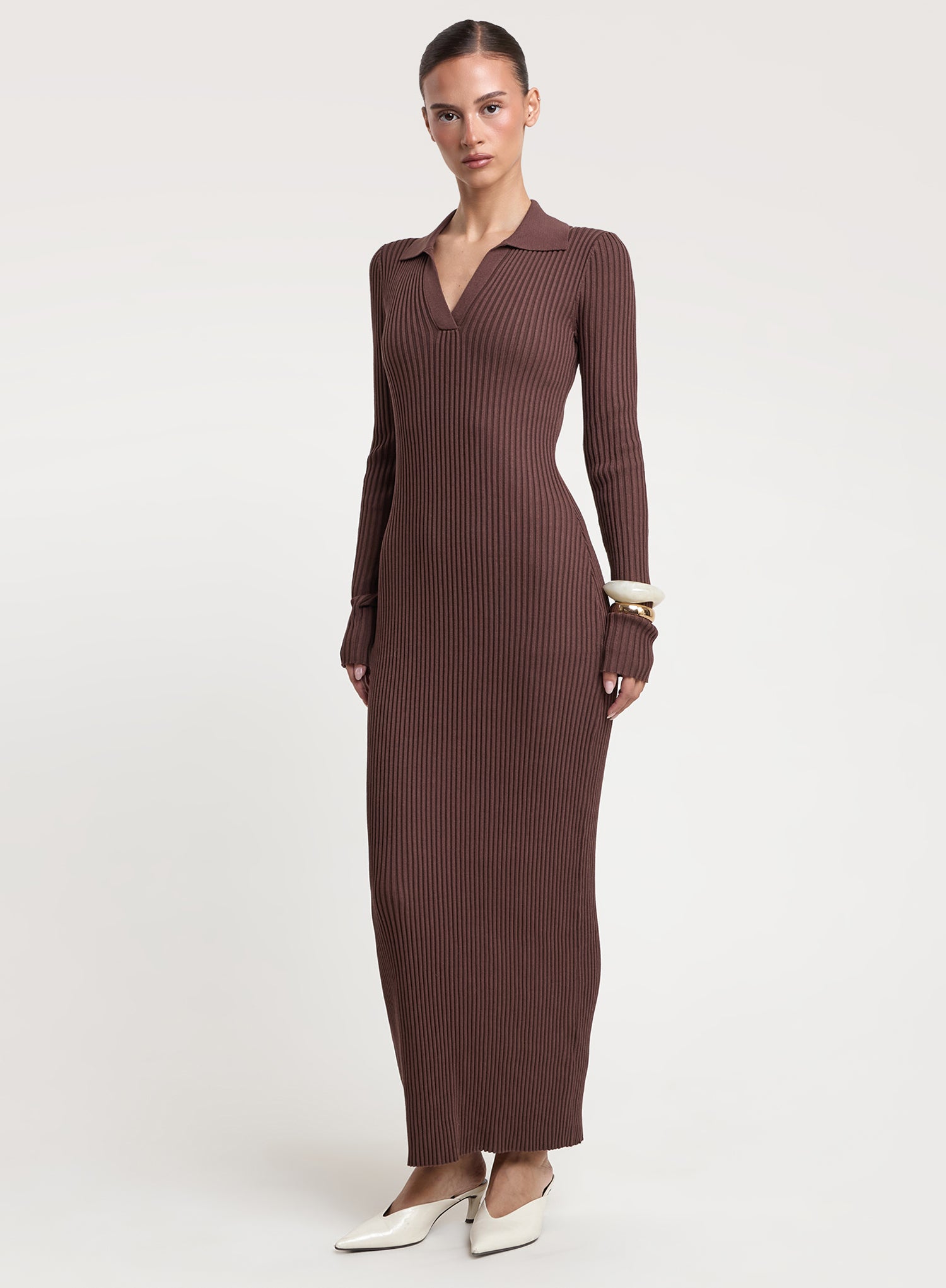 Chocolate Polo Collar Knitted Maxi Dress