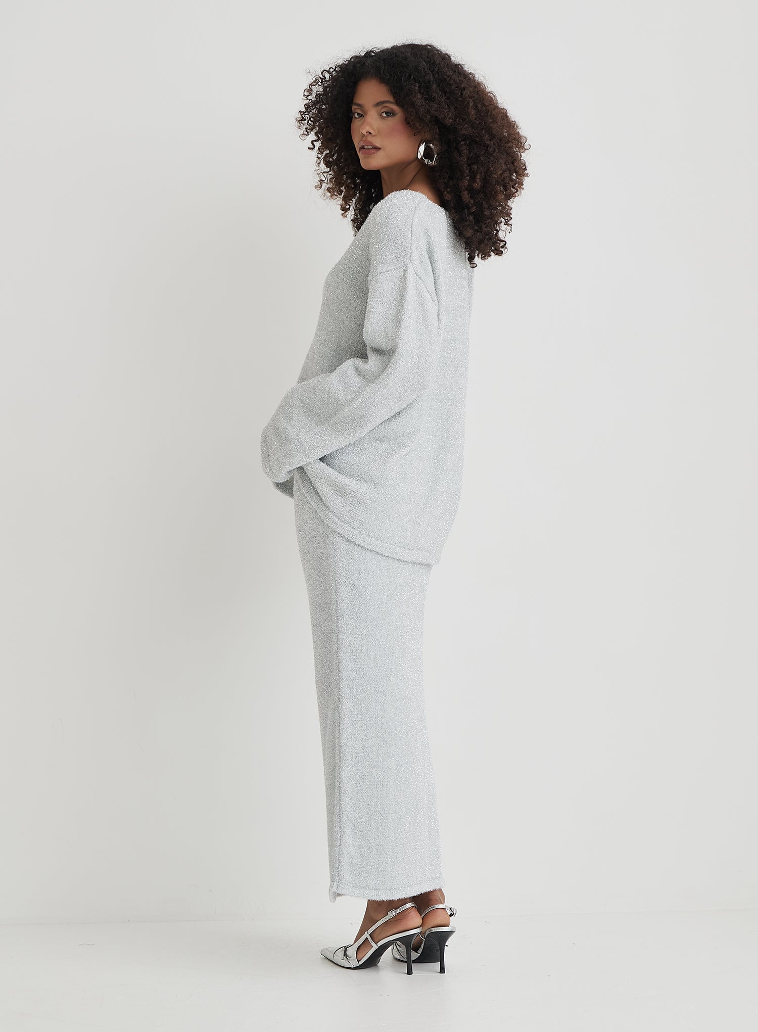 Silver Tinsel Knit V Neck Jumper- Ennis