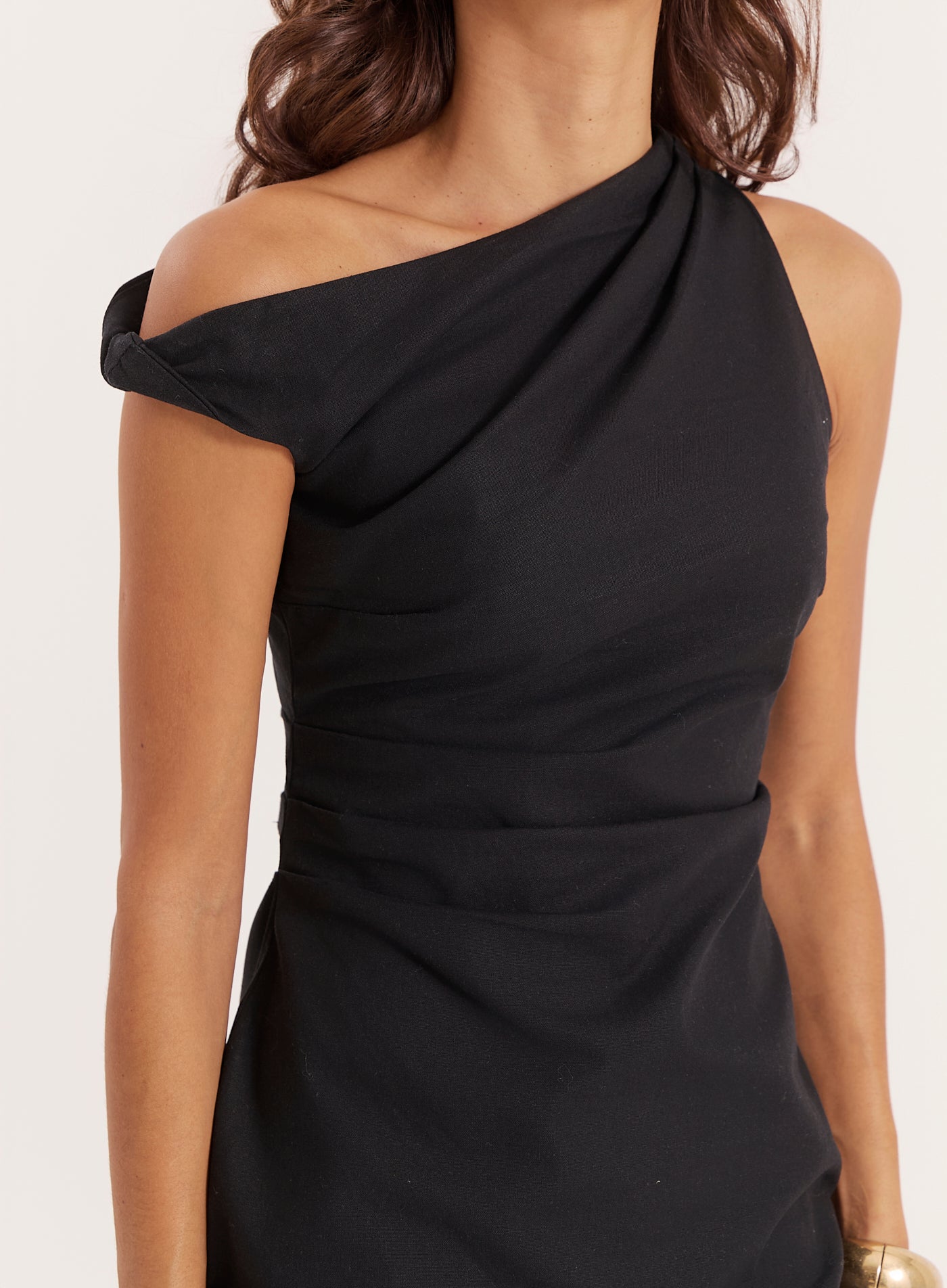 Black Linen Blend One Shoulder Mini Dress