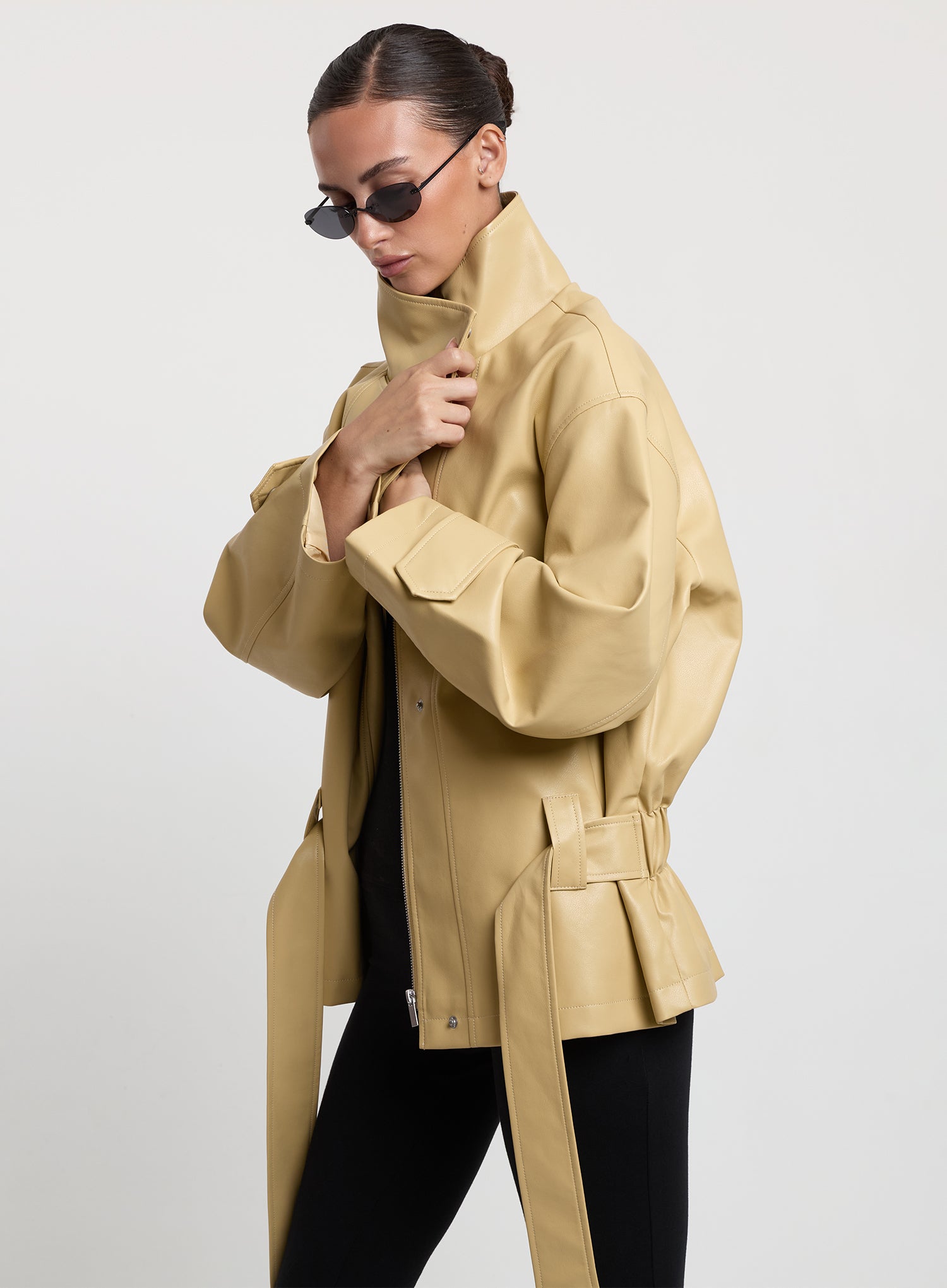 Butter Yellow Faux Leather Funnel Neck Jacket