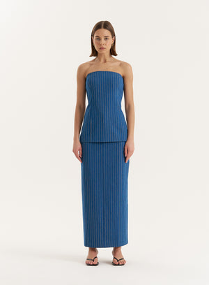 Blue Pinstripe Tailored Denim Maxi Skirt- Dionne