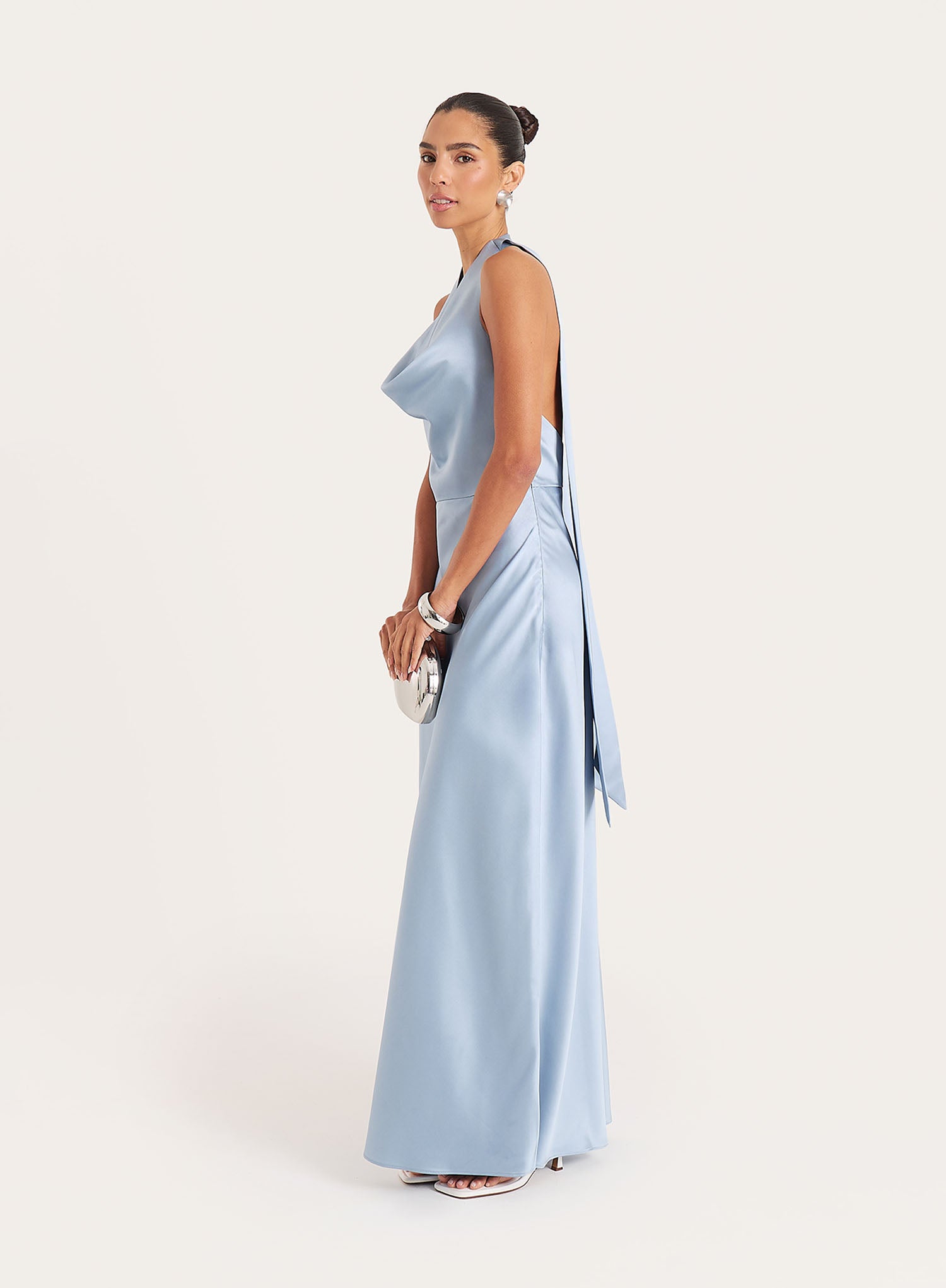 Blue Satin Cowl Neck Maxi Dress