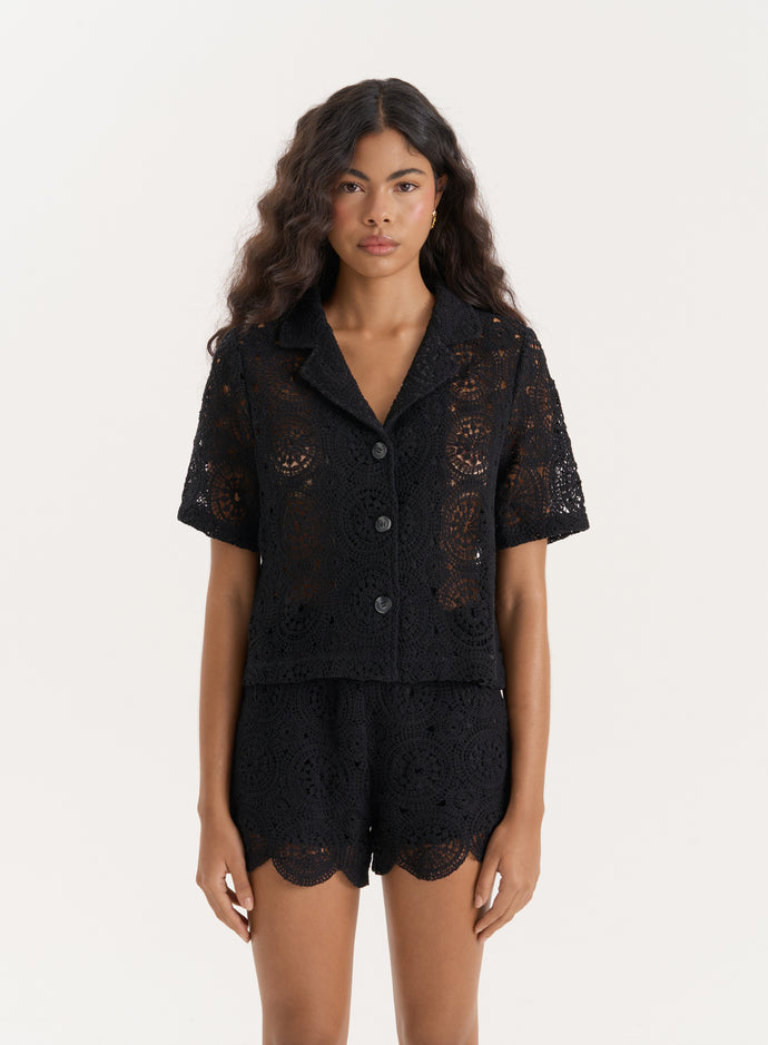 Black Crochet Short Sleeve Shirt- Sabrina